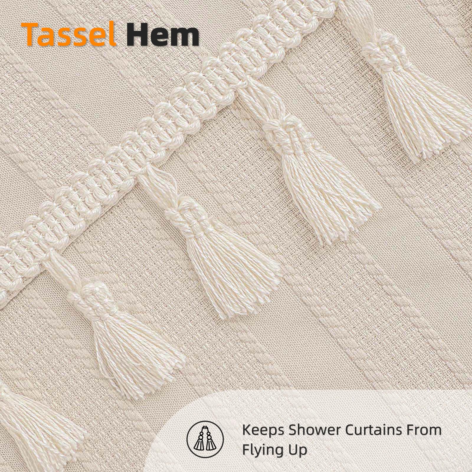 Seasonwood Beige Boho Shower Curtain 72 x 72 Textured Vertical Striped Shower Curtain Bohemian Chic Tassel Neutral Shower Curtains Beige/Cream