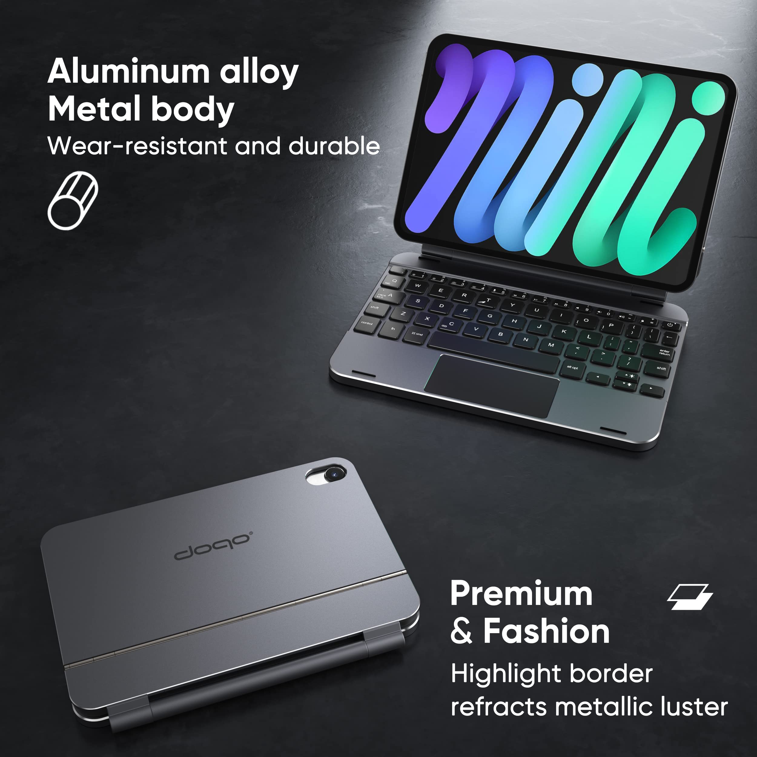 doqo iPad mini 7 & Mini 6 Keyboard case for 8.3-inch 6th 2021/7th 2024 Generation, Touchpad Wireless Backlit Keyboard, Magnetic Floating Cantilever Stand Protective Cover Folio Aluminum Alloy Gray