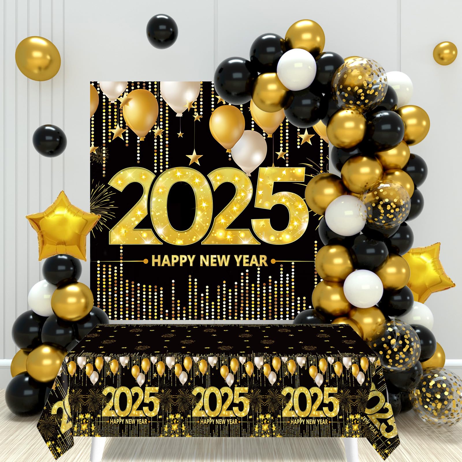 Happy New Years Party Decorations 2025 - New Years Balloon Garland Arch Kit,Happy New Years Eve Party Supplies,Black and Gold Confetti Balloon Backdrop Tablecloth for New Year Party Anniversary 101PCS