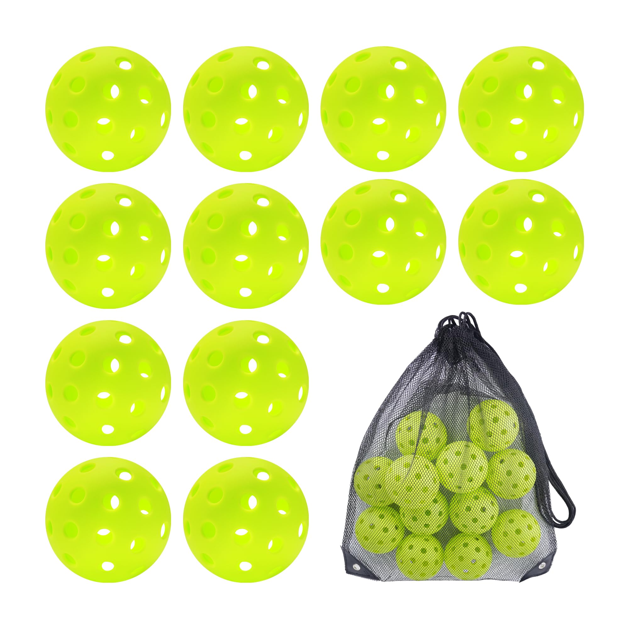 Sukeen Outdoor Pickleball Balls with Mesh Bag, 40 Holes Pickleball Balls Outdoor, High Bounce Pickle Balls for All Style Pickleball Paddles, Pickleball Balls Bulk,12 Pack Pickle Balls Balls,Neon Green