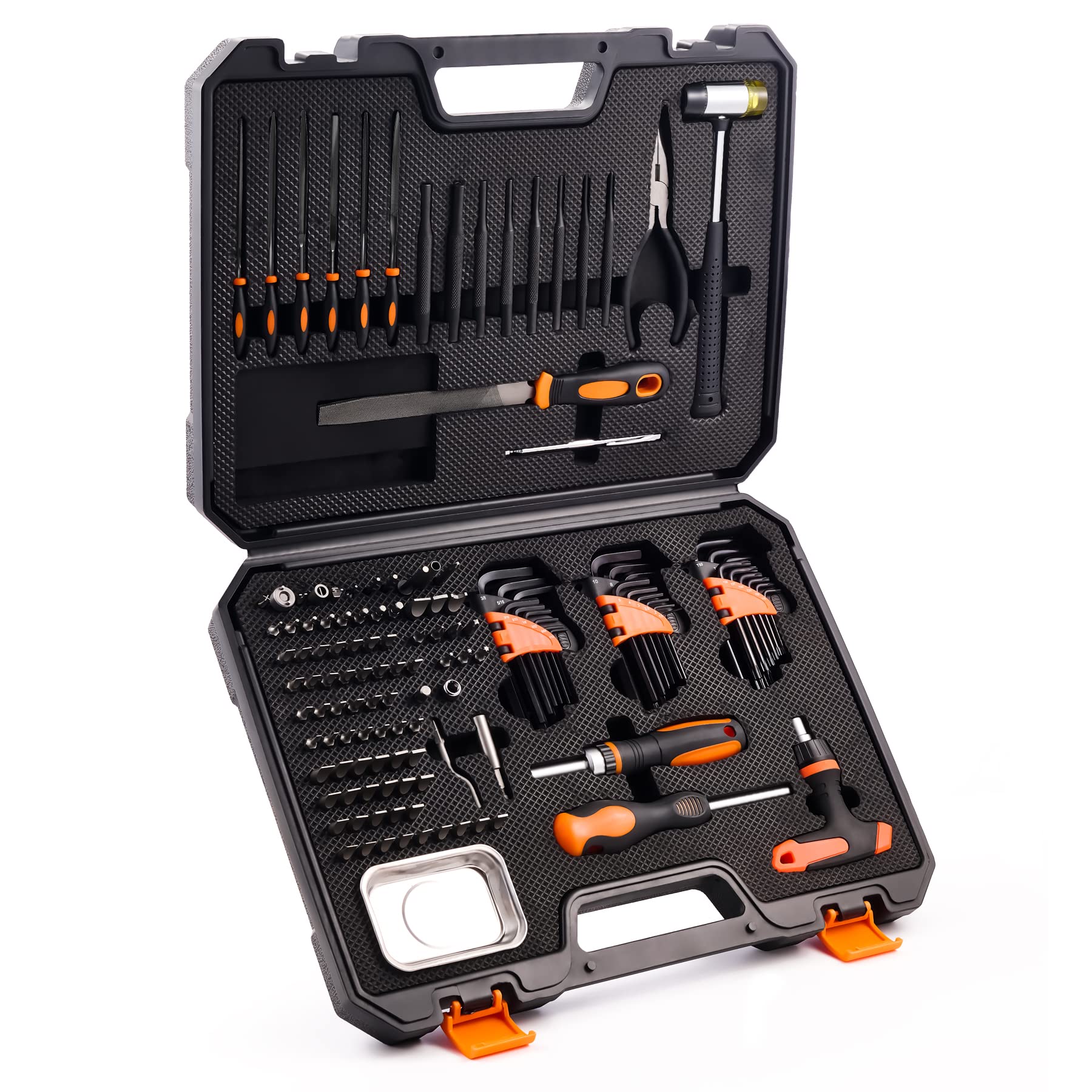 KNINE OUTDOORS Screwdriver Set Repair Kit Maintenance Tools with File Set, Hex Key Set, Ergonomical Designed T-BAR Ratcheting Wrench Rubber Mallet Bits Wrenches Adapters Pin Punches, 138 Set