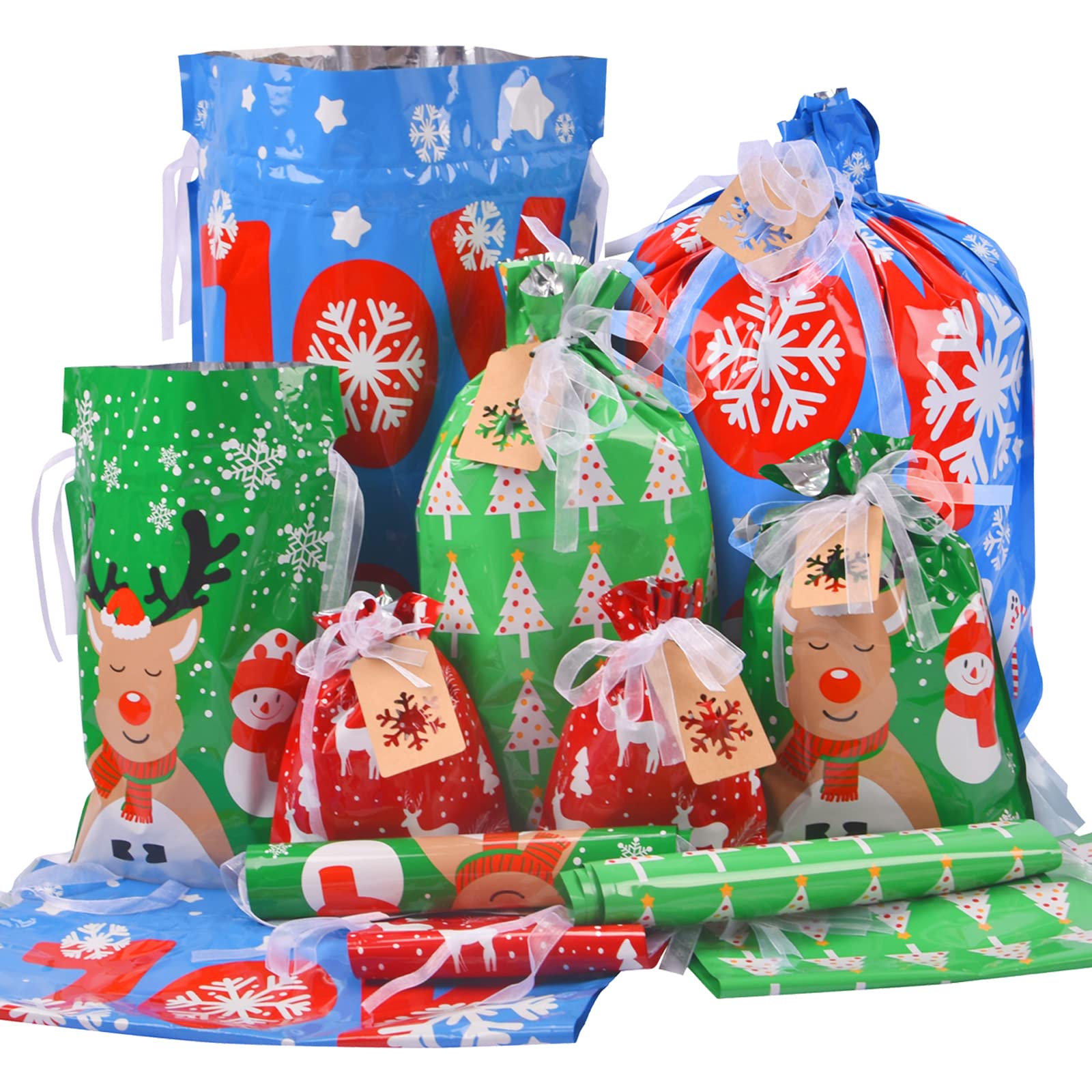 Christmas Gift Bags Assorted Sizes, 22pcs Drawstrings Christmas Bags For Gifts, Presents Wrapping Bags Favor Goody Bags Reusable Plastic Xmas Holiday Gift Bag Bulk Extra Large/Big/Medium/Small Size