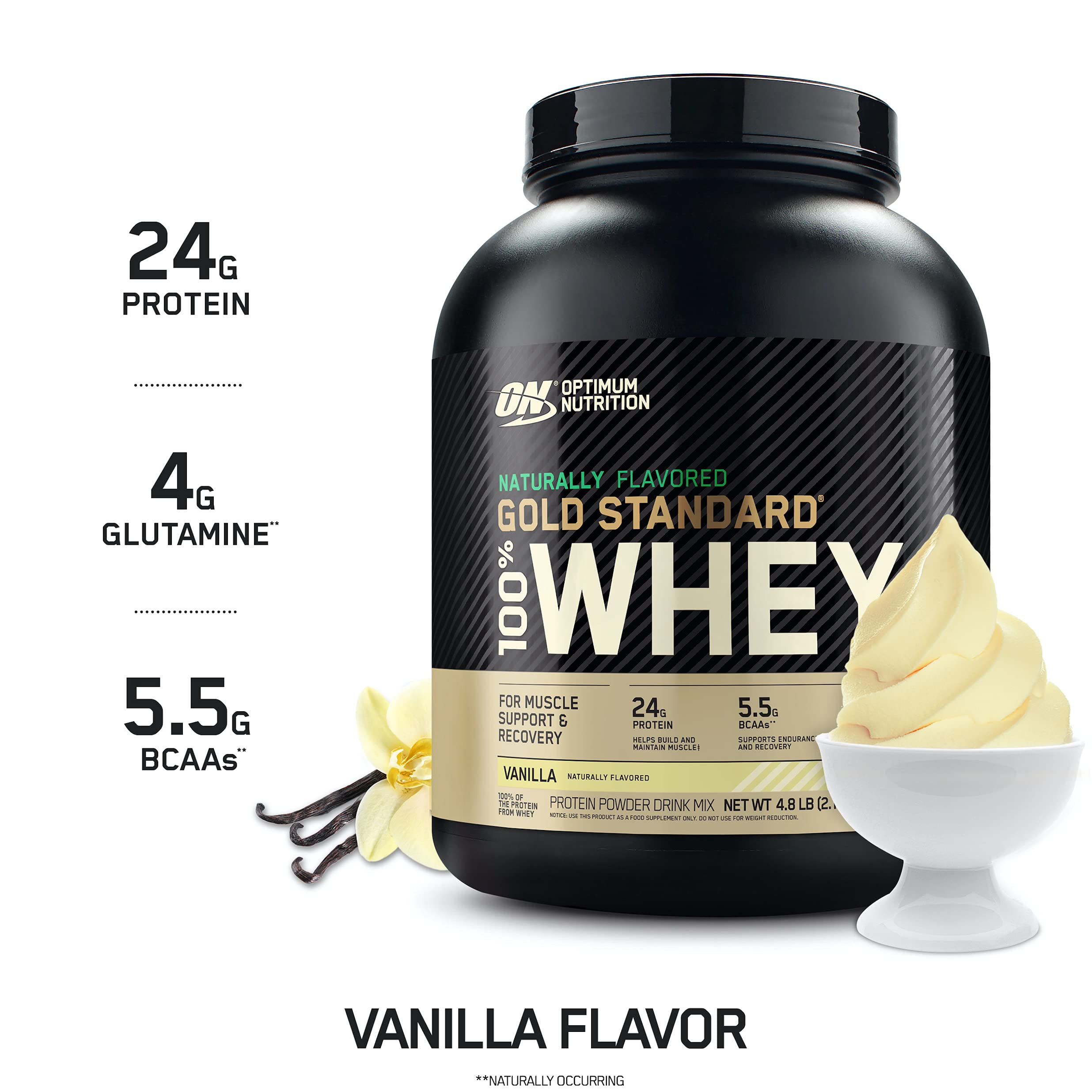 Optimum Nutrition Gold Standard 100% Whey Protein Powder 4.8 (Packaging May Vary) Naturally Flavored, Vanilla, 76.8 Ounce