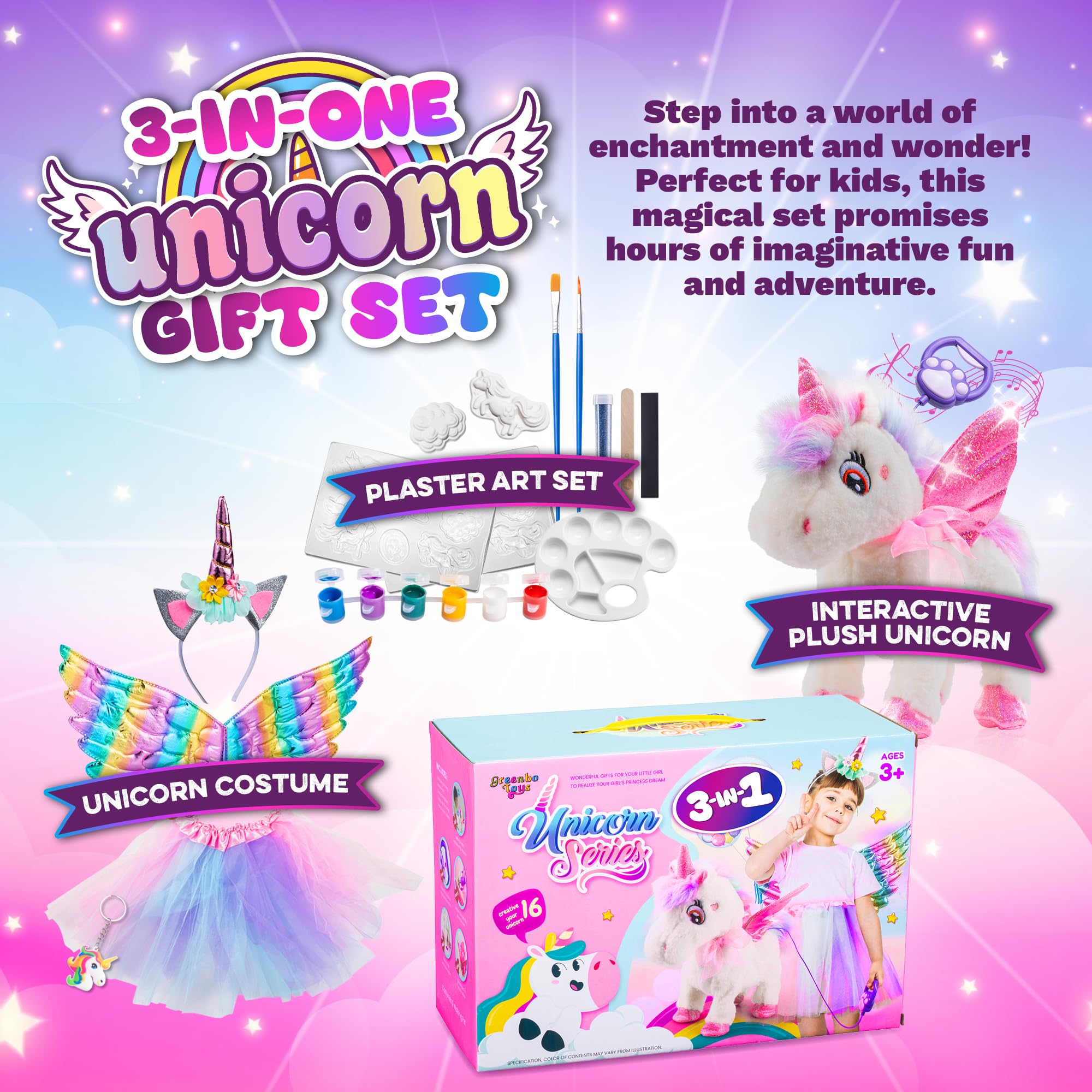 Greenbo Unicorns Toys for Girls Age 4-6 - Includes Multifunctional Unicorn Gifts, Painting Kit Crafts for Kids, and Unicorn Dress - Fun and Engaging Birthday Gifts for Girls Ages 3, 4, 5, 6, and Up