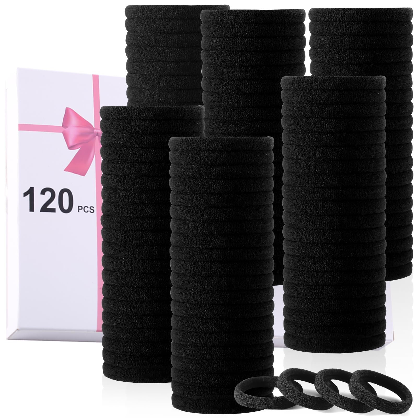 LuSeren 120 Pcs Black No Damage Hair Ties for Women Thick Hair, Large Soft Seamless Nylon Cloth Fabric Elastic Hair Ties Ponytail Holders Hair Elastics Hair Band,Perfect Valentine's Day Gift for Women