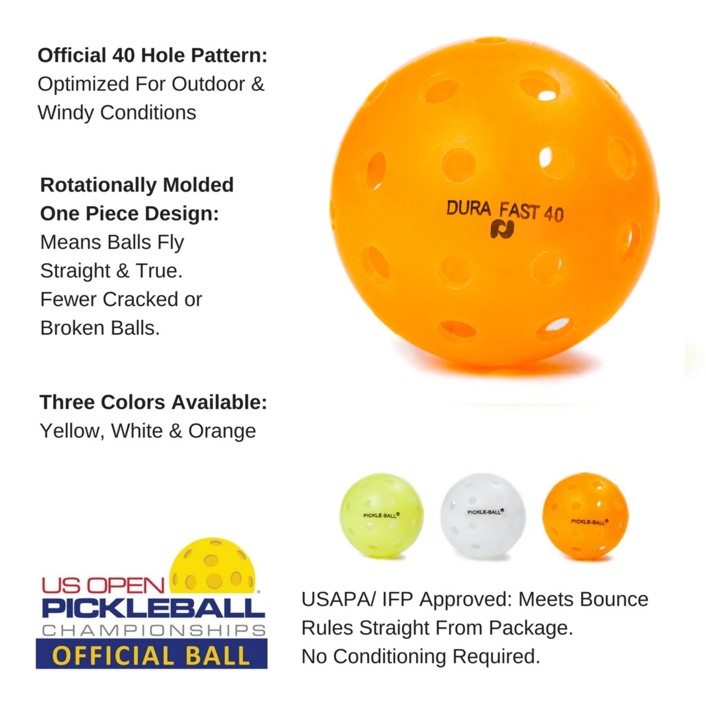 Dura Fast 40 Pickleballs | Outdoor Pickleball Balls | Orange| Pack of 6 | USAPA Approved and Sanctioned for Tournament Play