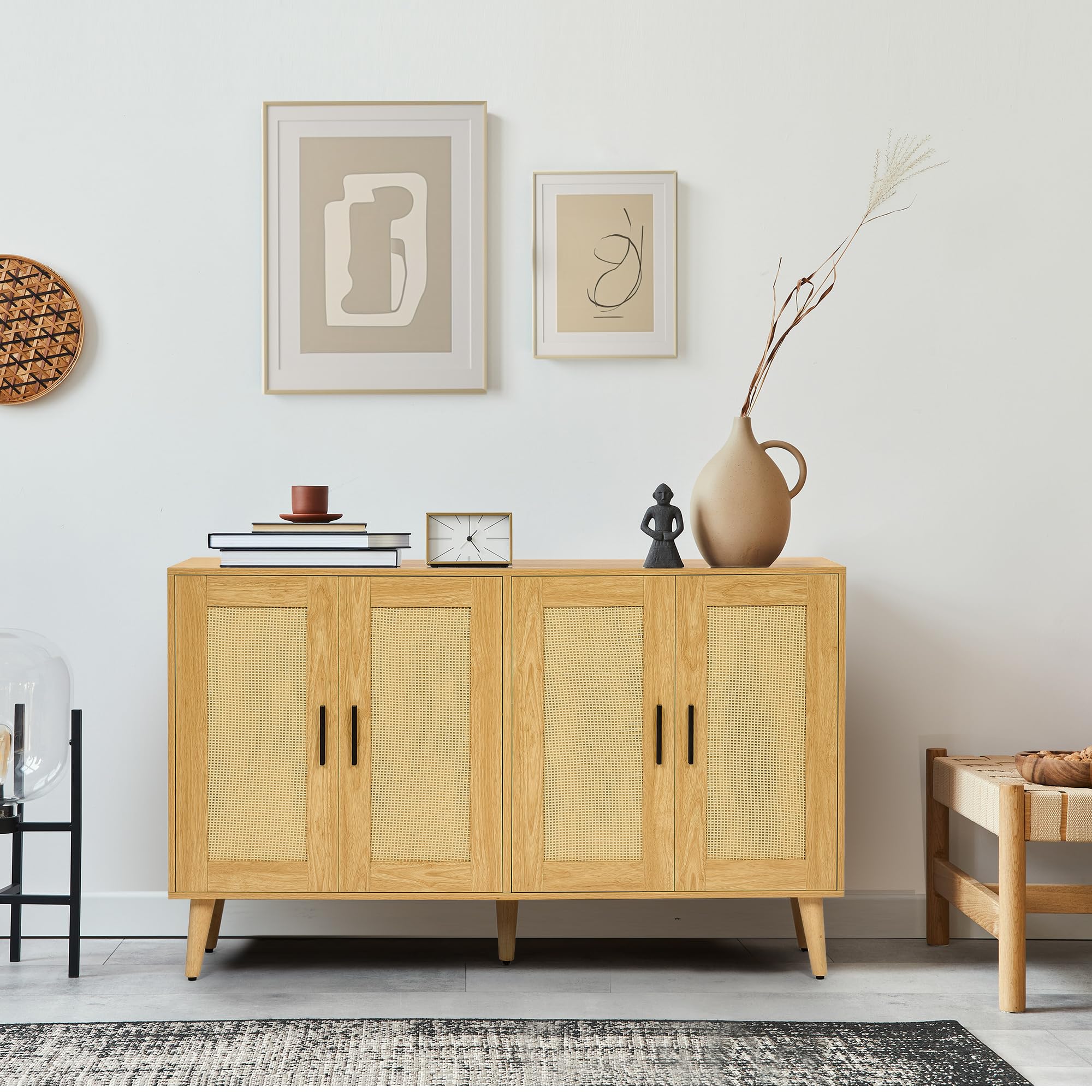 HOMSHO Rattan Sideboard Buffet Cabinet with Double Doors and Adjustable Shelves, Boho Floor Storage Cabinet, Accent Cabinet for Dining Room, Living Room, Hallway, 47.2"x 11.8"x 29.5", Natural