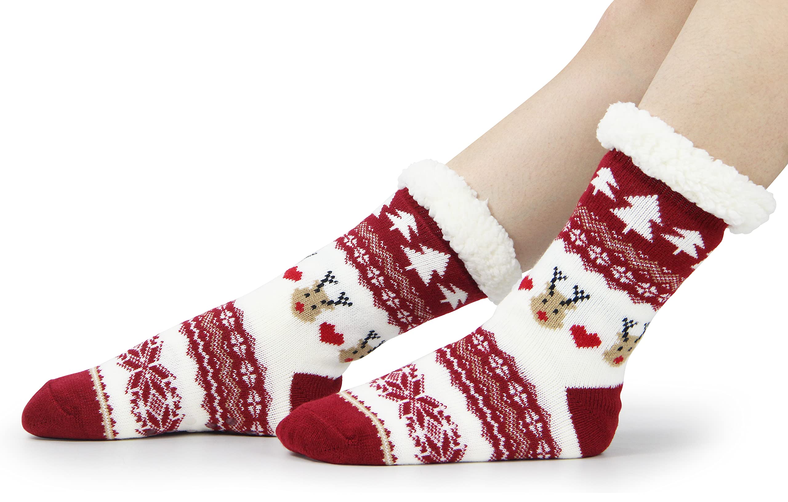 BenSorts Womens Christmas Slipper Socks with grippers Winter Warm House Indoor Fleece Lining Fuzzy Soft Sherpa House Cozy Socks Holiday Gift Red