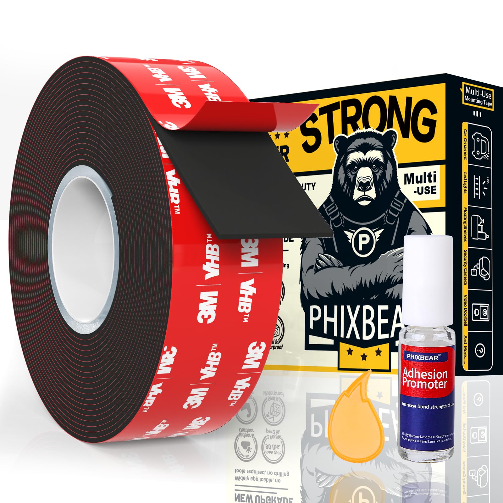 PHIXBEAR Heavy Duty Double Sided Mounting Tape, Made of 3M VHB, Weatherproof & Removable with No Residue - for Home, Outdoor & Automotive Use, 1.18"x120"