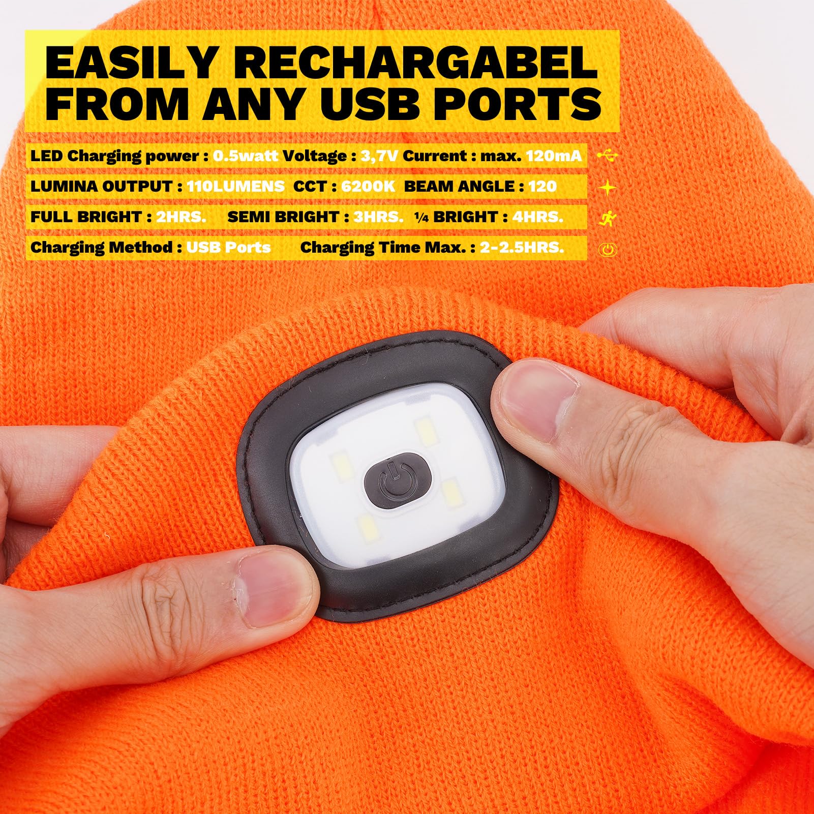 VIBELITE LED Beanie Hat with Light, USB Rechargeable LED Headlamp, Gifts for Christmas, Stocking Stuffers for Men Him Husband Boyfriend Dad Father, Orange