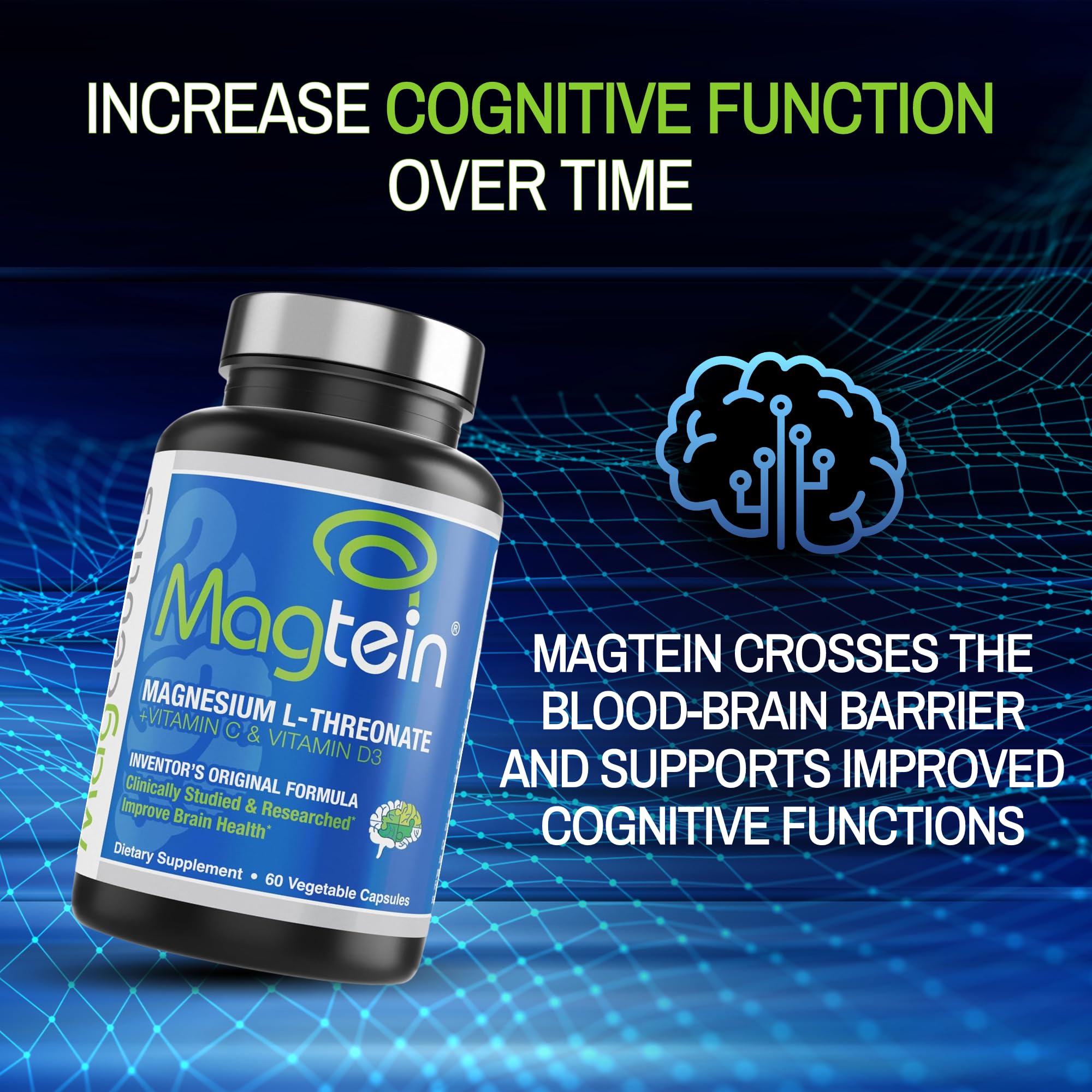 Magtein Magnesium L-Threonate, Improve Brain Health, Memory, Cognition, Stress Relief and Sleep Quality - 60 Veg Capsules (30 Days Supply)