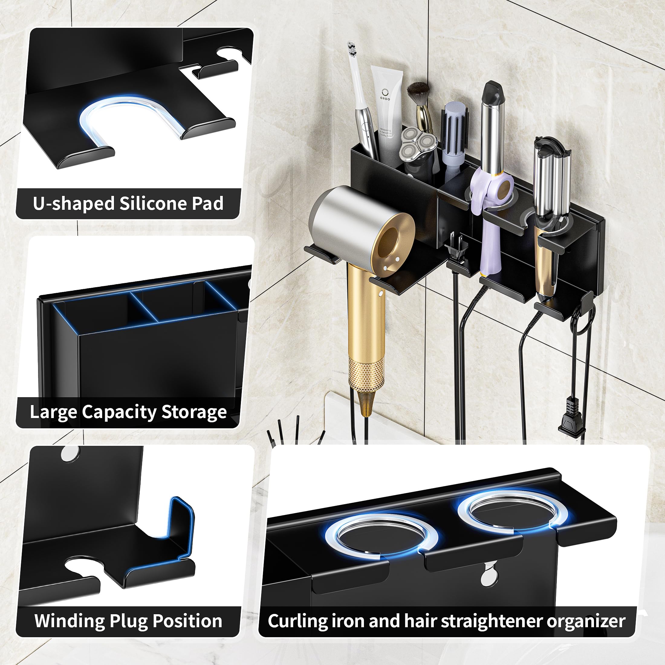 MAYZOLOP Hair Dryer Holder, Hair Tool Organizer, Blow Dryer Hanger Wall Mount for Dryer Hook, Bathroom Space-Saving Blow Dryer Organizer, Curling Irons Storage Wall Mounted