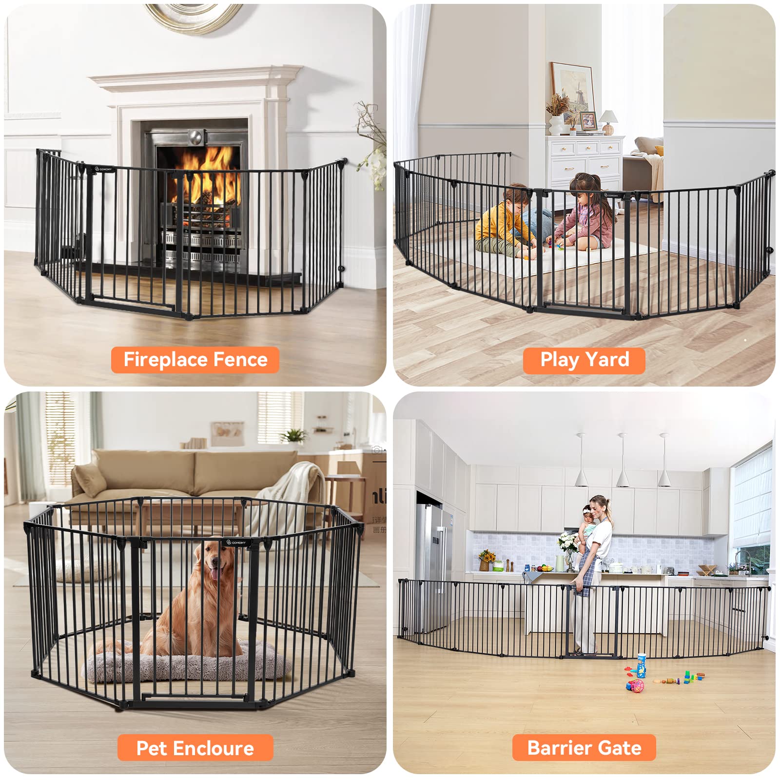 COMOMY 198" Baby Gate Extra Wide, Dog Gate Pet Gate for House Stairs Doorways Fireplace, 3 in 1 Play Yard Child Safety Gate, Auto Close, Hardware Mounted (30" Tall, Black)