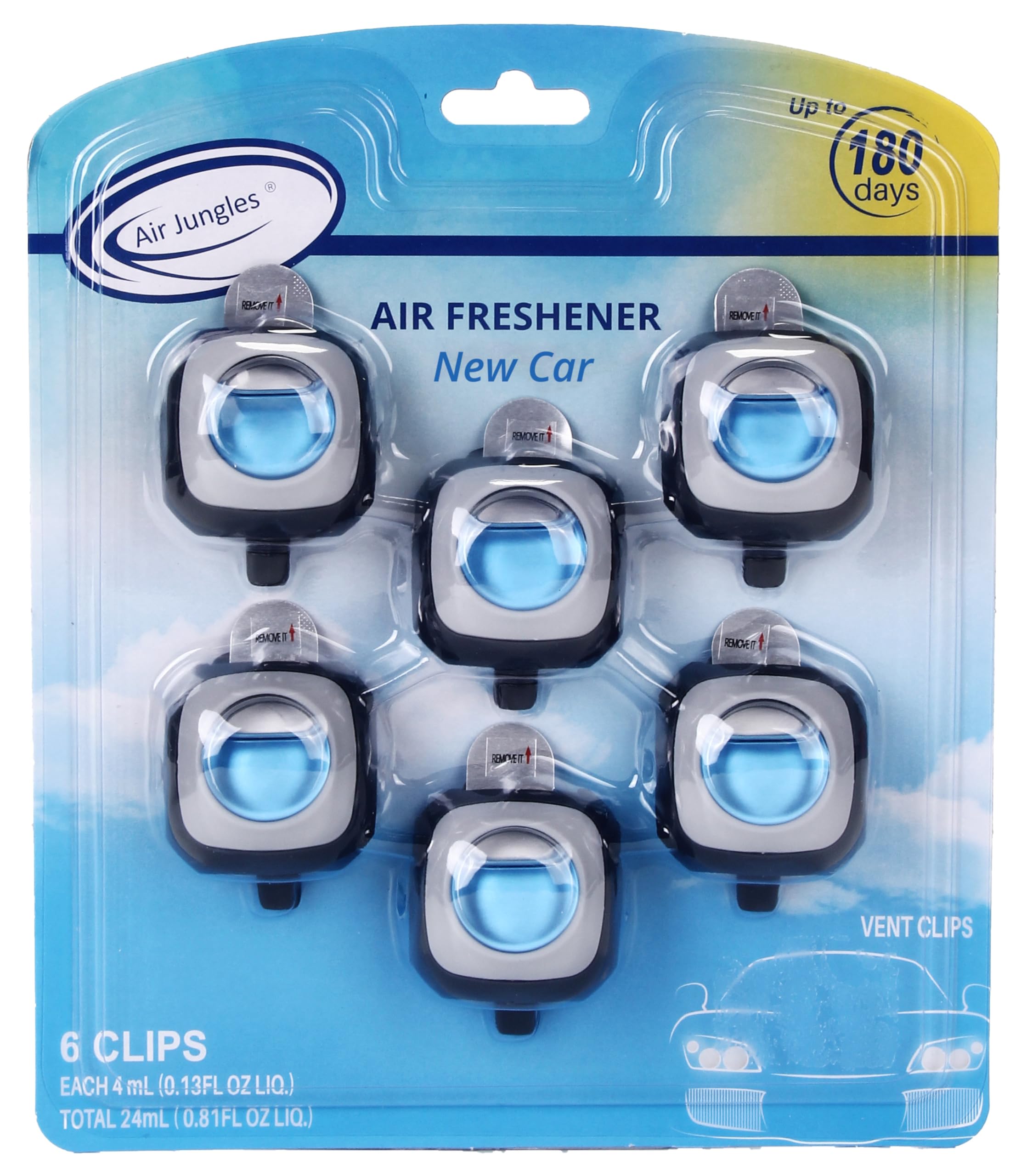 Air Jungles New Car Scent Car Air Freshener Clip, 6 Car Freshener Vent Clips, 4ml Each, Long Lasting Air Freshener for Car, Up to 180 Days Car Refresher Odor Eliminator