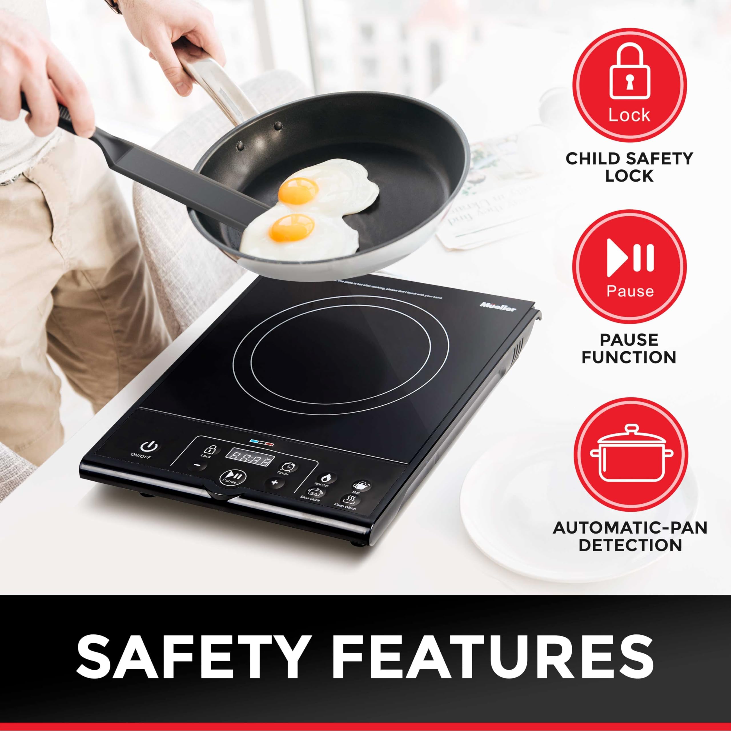 Mueller RapidTherm Portable Induction Cooktop Hot Plate Countertop Burner 1800W, 8 Temp Levels, Timer, Auto-Shut-Off, Touch Panel, LED Display, Auto Pot Detection, Child Safety Lock, 4 Preset Programs