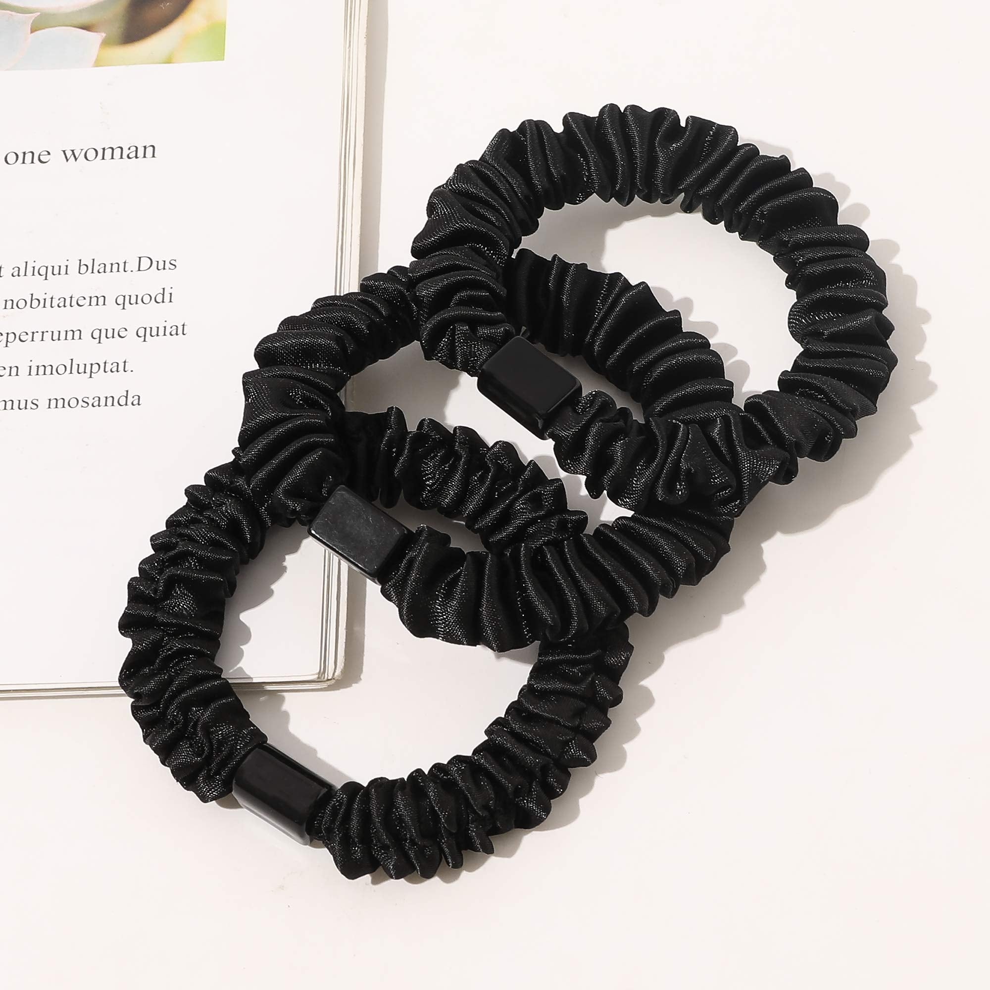 Satin, Silk Hair Ties Black Small Mini Scrunchy for Women Thick Hair Accessories Cute Soft No Slip Hair Elastics Ponytail Holder for Curly Hair No Damage Hairties Gift for Girls