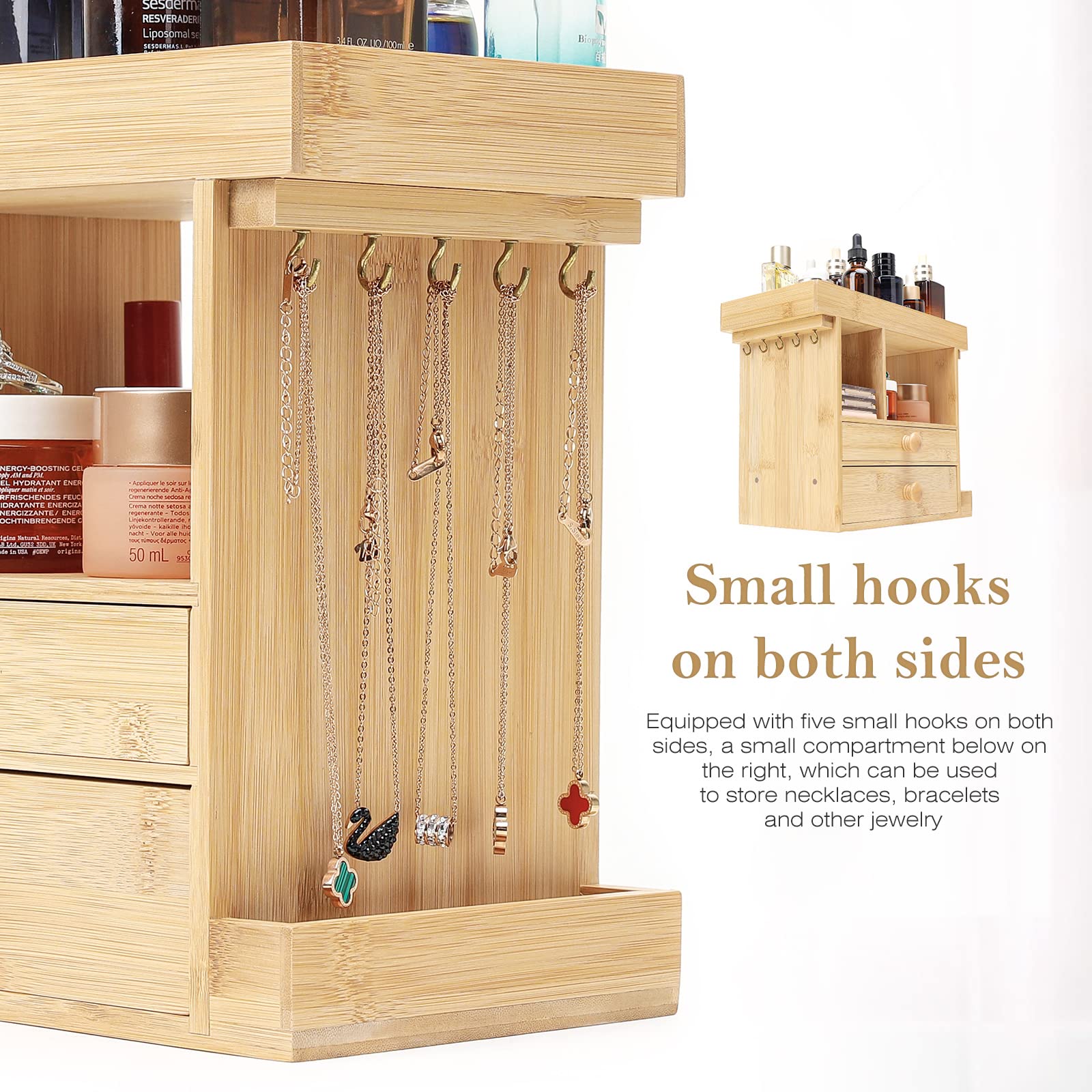 Homde Bamboo Makeup Organizer Cosmetic Jewelry Storage Organizer Multi-Function Make up Box Stand for Vanity, Desk, Bathroom, Bedroom with Hooks,Drawer,Silicone Lipstick Holder