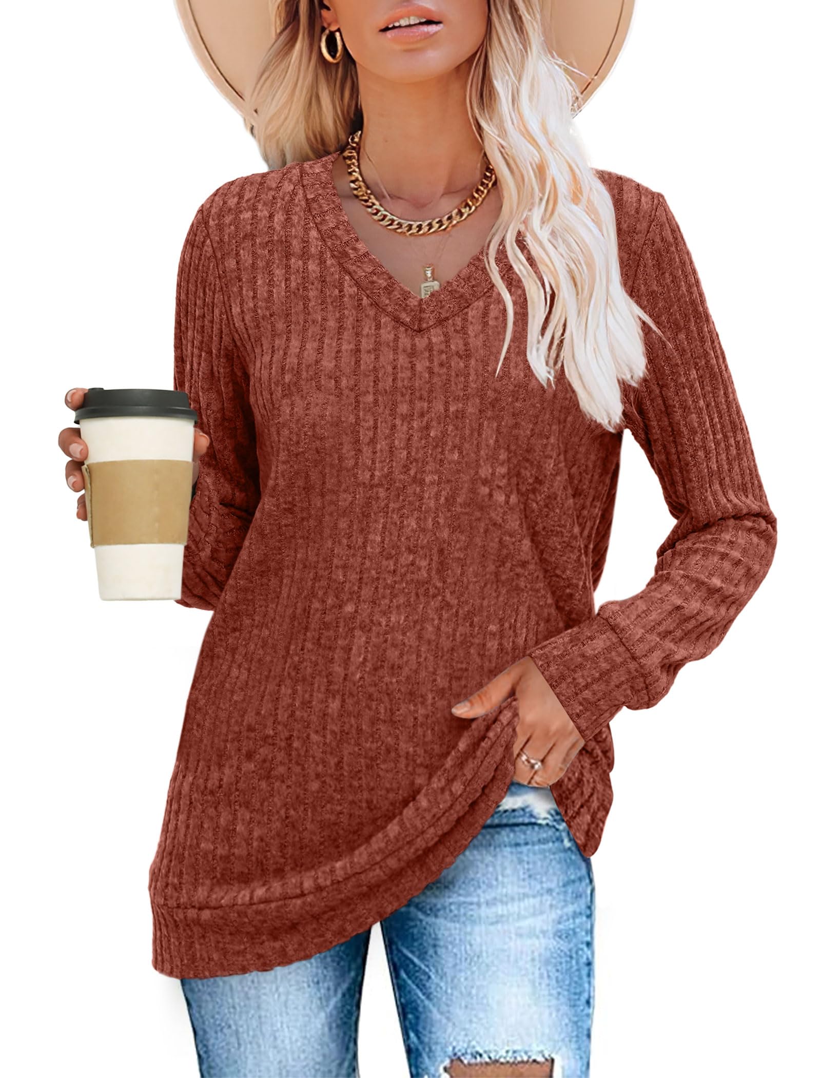 SAMPEEL Fall Clothes for Women Fashion 2024 V Neck Long Sleeve Tops Trendy Cute Sweaters Dressy Casual Outfits Caramel M