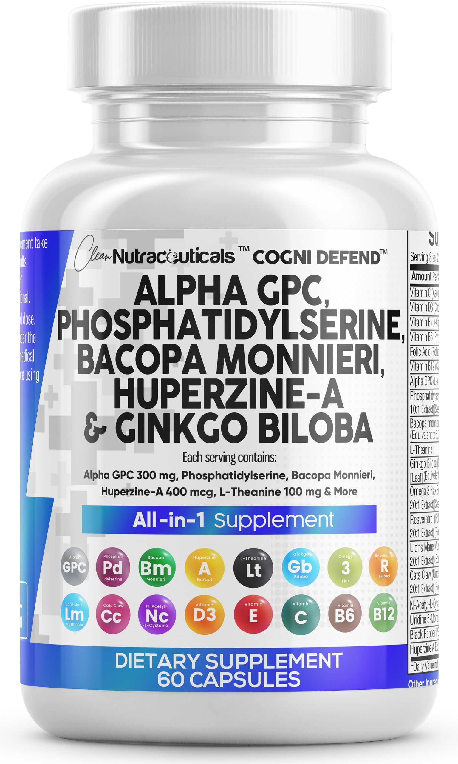 Clean Nutraceuticals Alpha GPC Choline Phosphatidylserine Bacopa Monnieri Ginkgo Biloba Huperzine A Supplement with Urdine Lions Mane Cats Claw NAC Vitamin C B D E