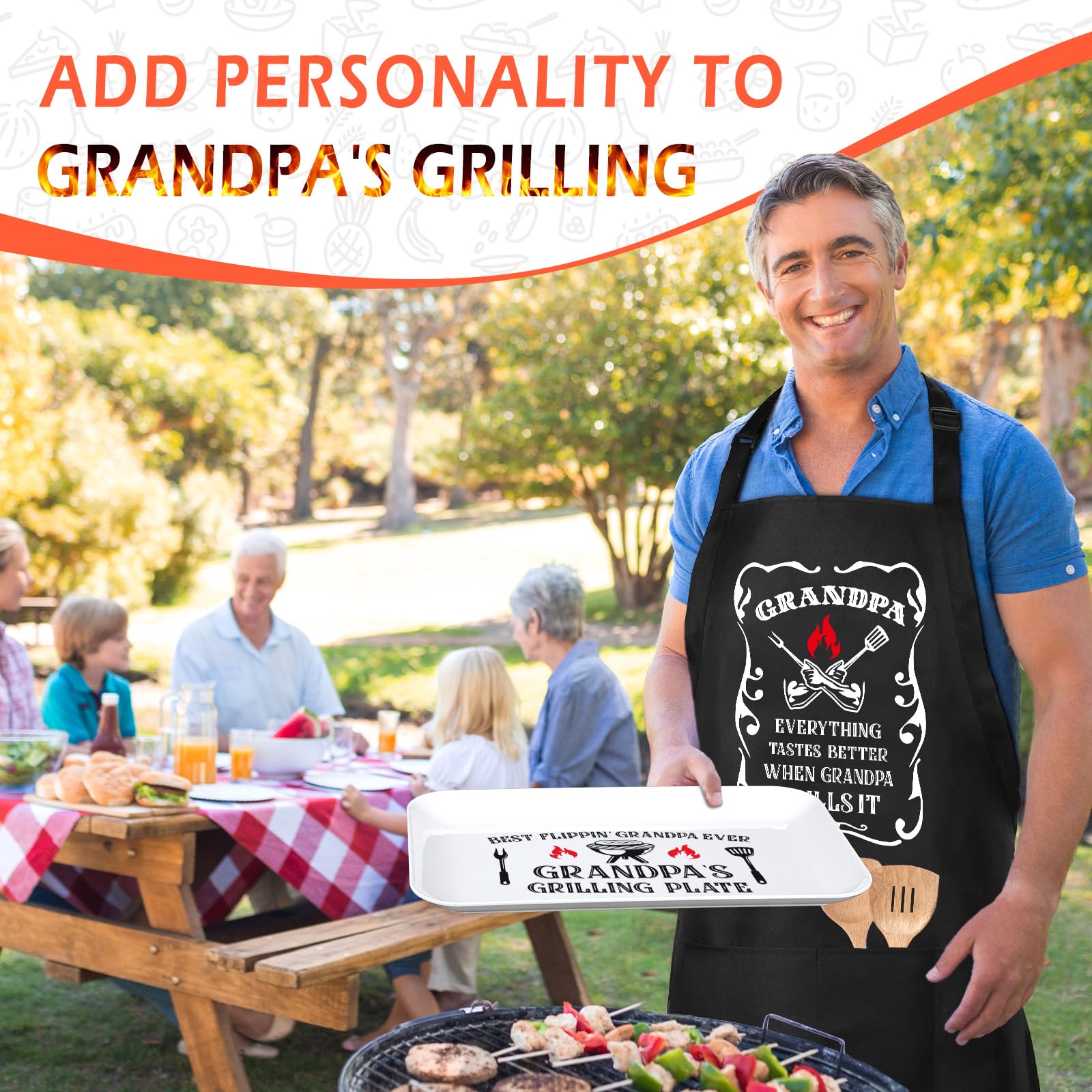 Gifts for Grandpa, Grandpa Birthday Gifts Personalized Grilling Platter Apron Gift for Grandpa from Grandkids, Great Grandpa Christmas Gift Fathers Day Funny Grandpa Grilling Plate BBQ Serving Tray