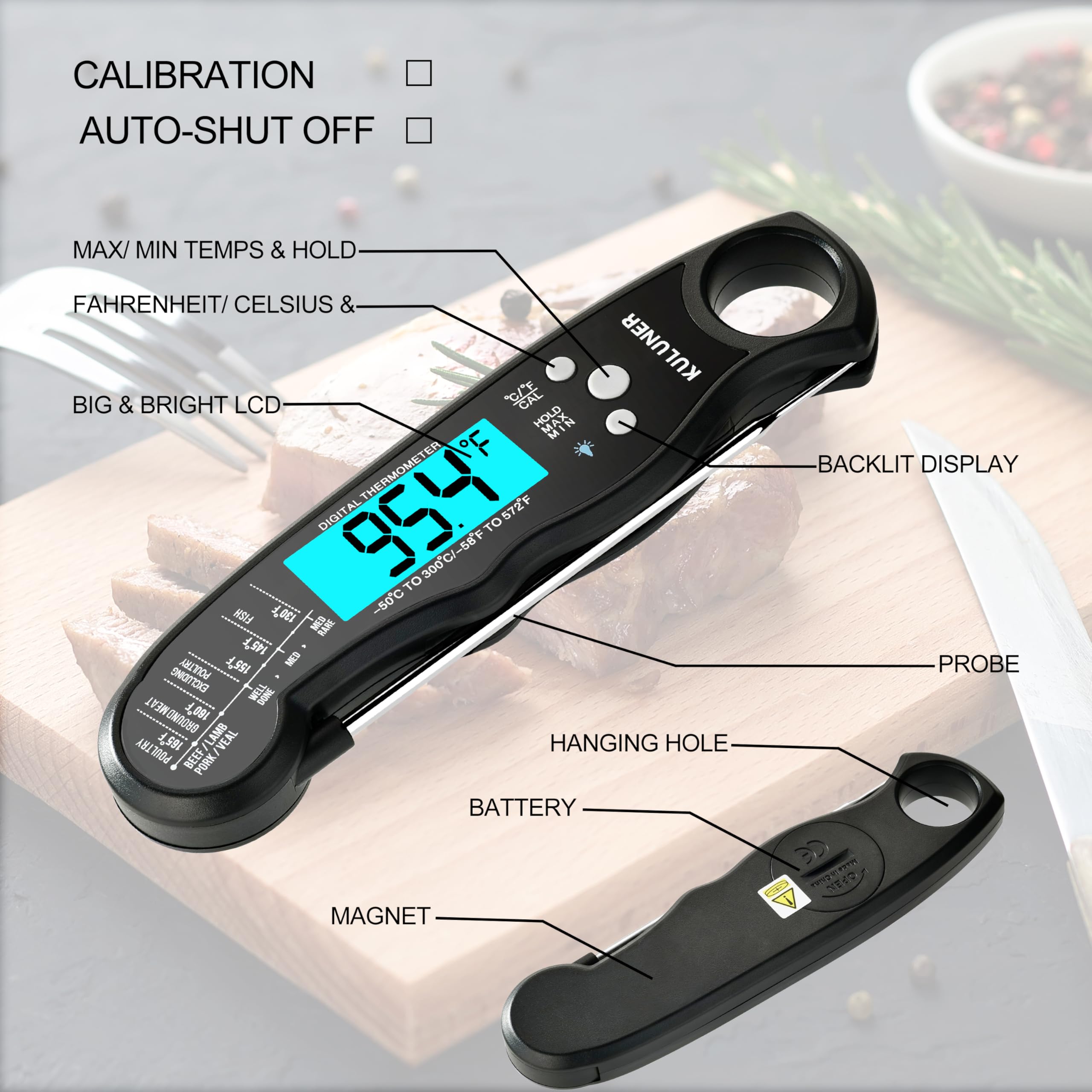 KULUNER TP-01 Waterproof Digital Instant Read Meat Thermometer with 4.6 Folding Probe Backlight Calibration Function for Cooking Food Candy, BBQ Grill, Liquids,Beef(Black)