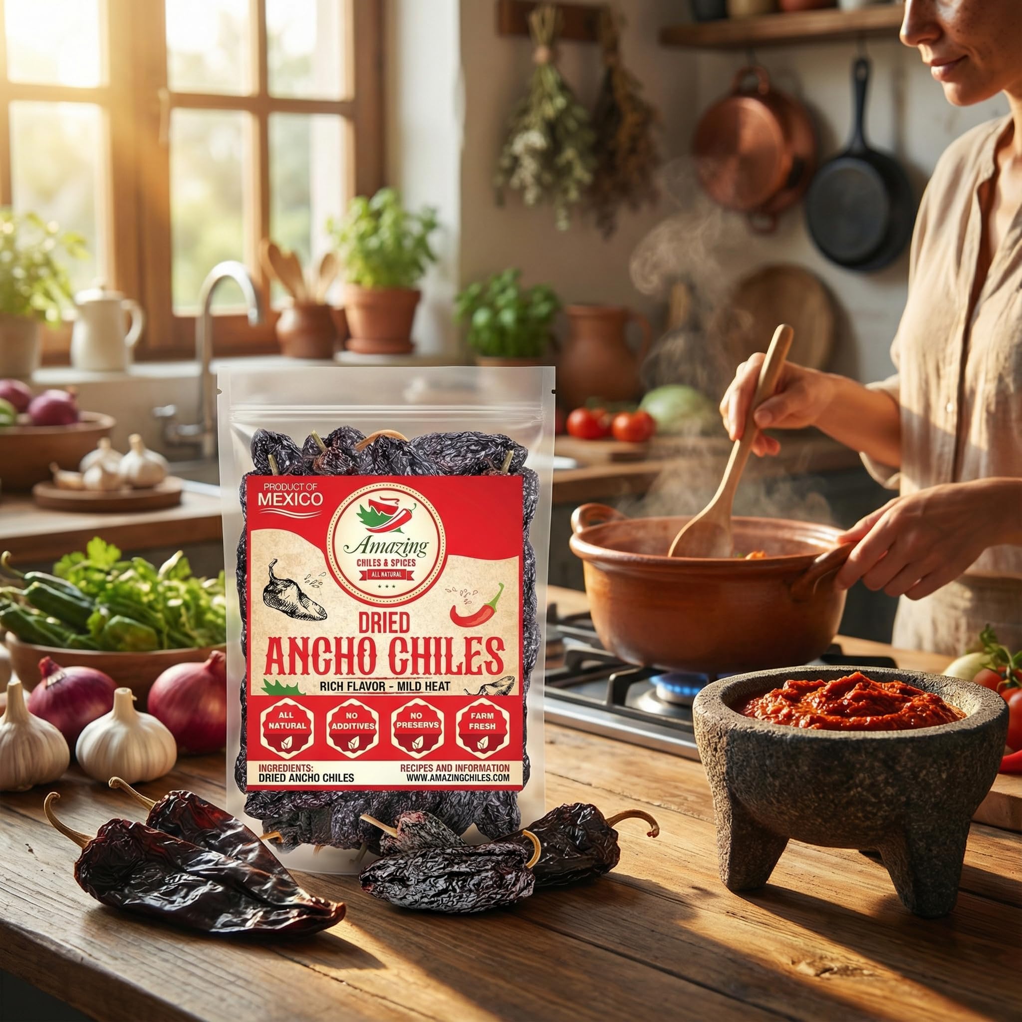 Dried Ancho Chiles Peppers 4 oz – Natural & Premium for Authentic Mexican Mole, Sauces, Stews, Salsas, and More! Sweet & Smoky Flavor with Mild to Medium Heat to Elevate Your Favorite Recipes.
