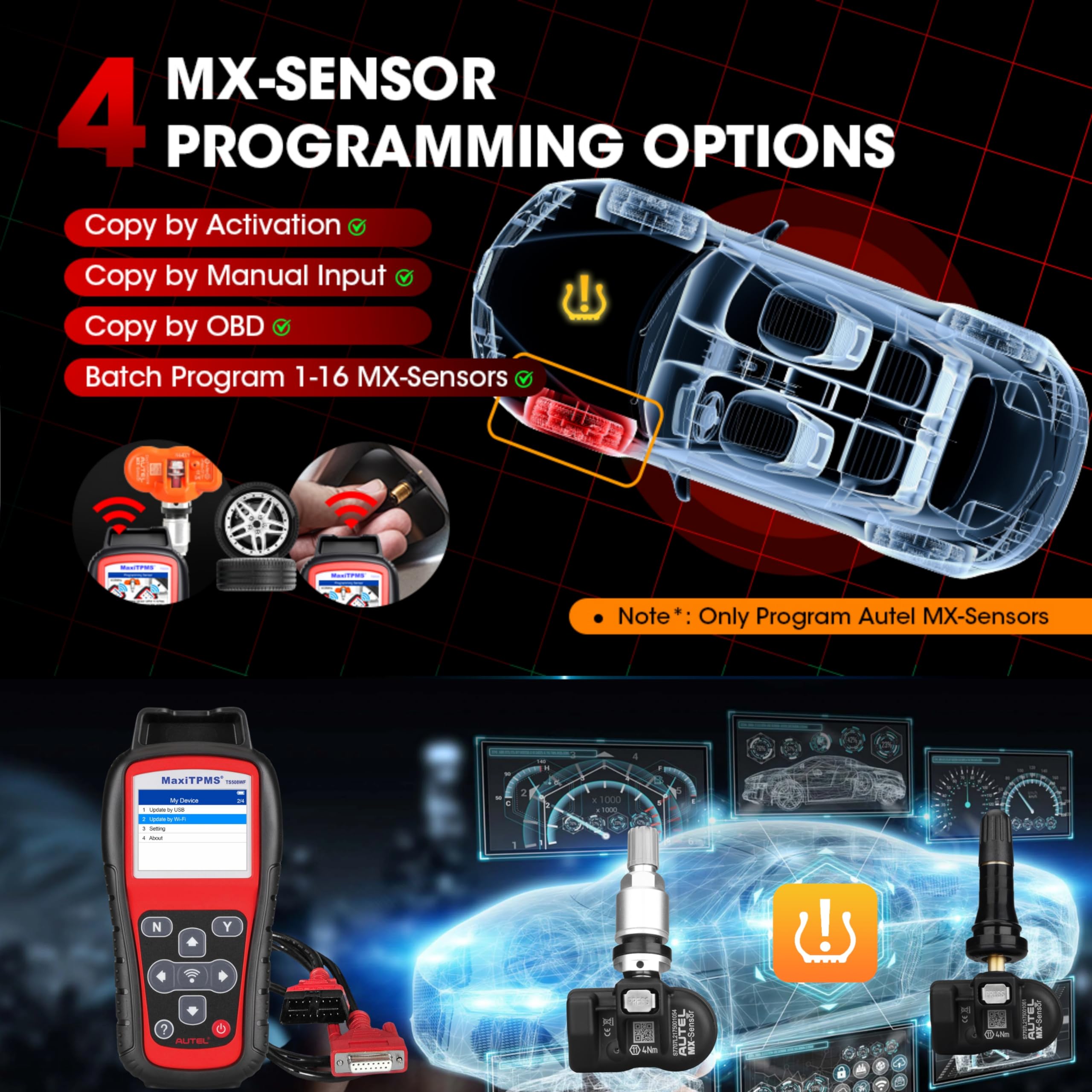 Autel MaxiTPMS TS508WF Complete with 4 pcs Duel Frequency Rubber MX Sensor, MX Sensor Programming TPMS Diagnostic OBD Relearn Activate Read Copy TPMS Sensor Read/Clear TPMS DTCs, Free Lifetime upgrate