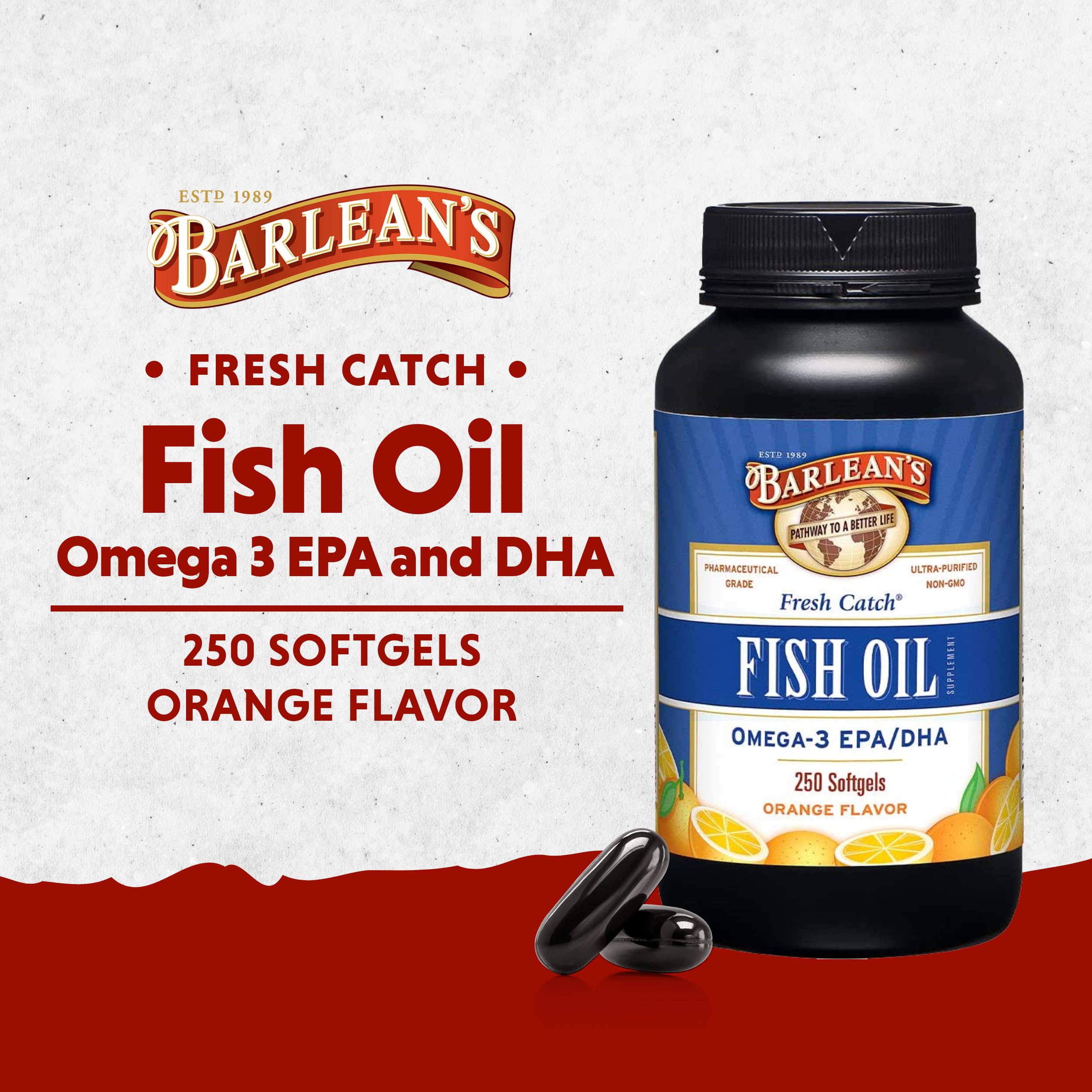 Barlean's Omega 3 Fish Oil Supplements, 1000mg Fish Oil Pills with EPA & DHA, Softgels for Joint, Brain, & Heart Health, Orange Flavored, 250 Count