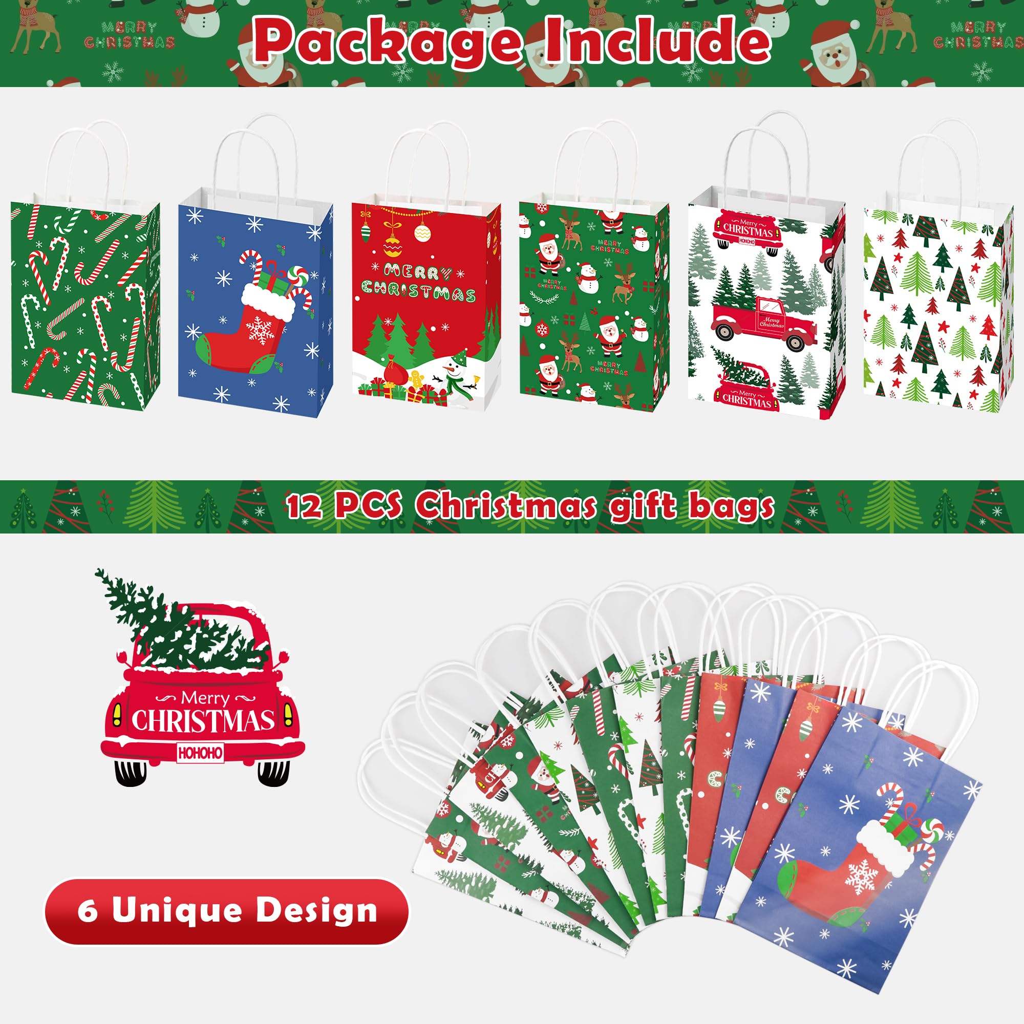 Christmas Gift Bags - 12 Pack Christmas Bags for Gifts - Small Christmas Gift Bags | Christmas Gift Baskets | christmas Treat Bags - Christmas Goodie Bag - Christmas Gifts for Kids Men Women