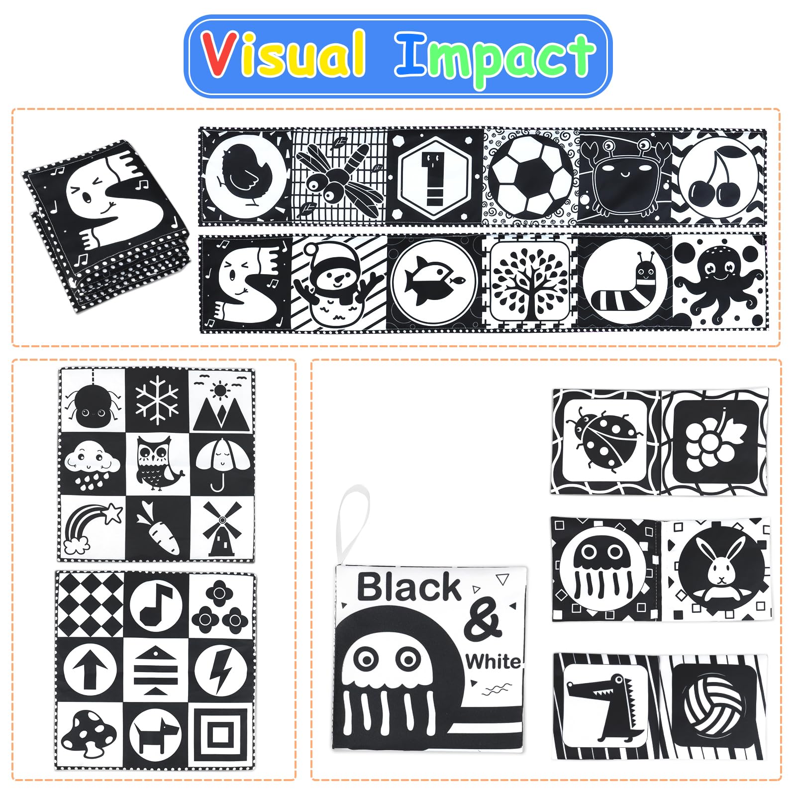 KUANGO Newborn Toys Black and White Baby Toys 0-3 Months High Contrast Baby Toys for Newborn - High Contrast Baby Soft Book Infant Tummy Time Toys Crinkle Sensory Toys for Brain Development
