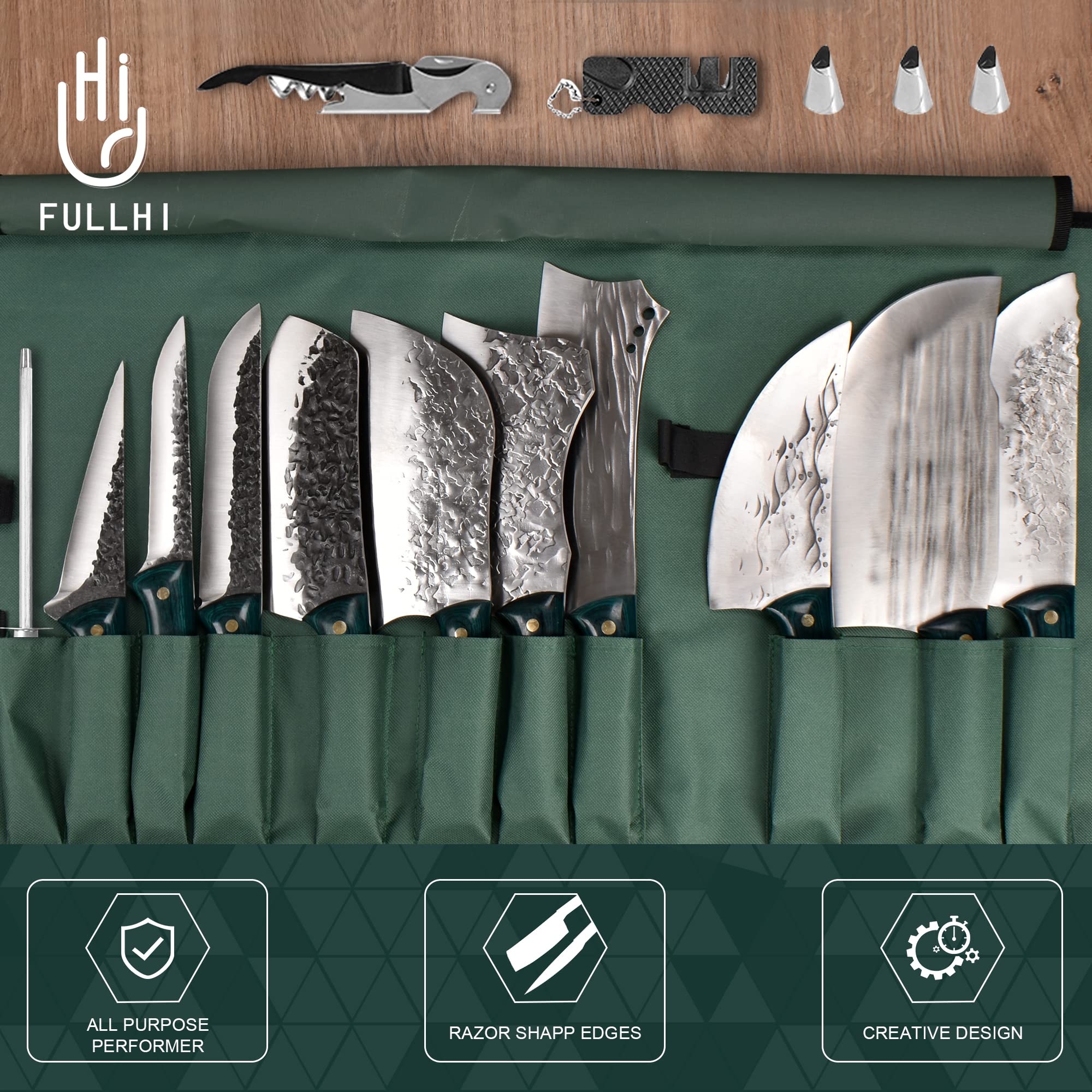 FULLHI Portable 16pcs Butcher Knife Set Green Woodhandle with Knife Bag Hand Forged Chef Knife Boning Knife High Carbon Steel Viking Knife Set for Kitchen, Camping, BBQ