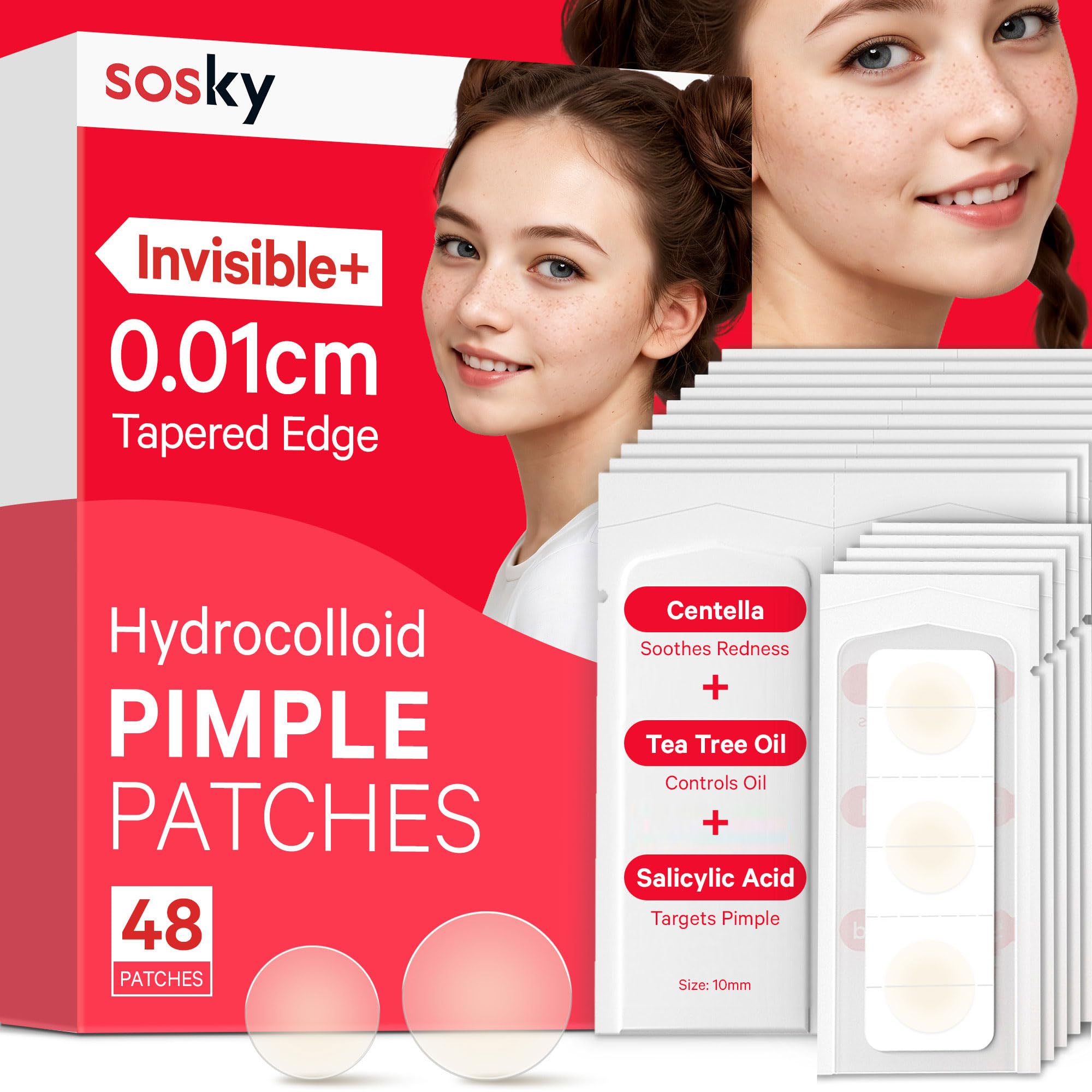 Sosky Pimple Patches for Face, FSA HSA Eligible Invisible Hydrocolloid Acne Patches, Zit Sticker for Face and Skin, Pimple Patches for Covering Zits, Blemishes with Salicylic Acid 48 Count