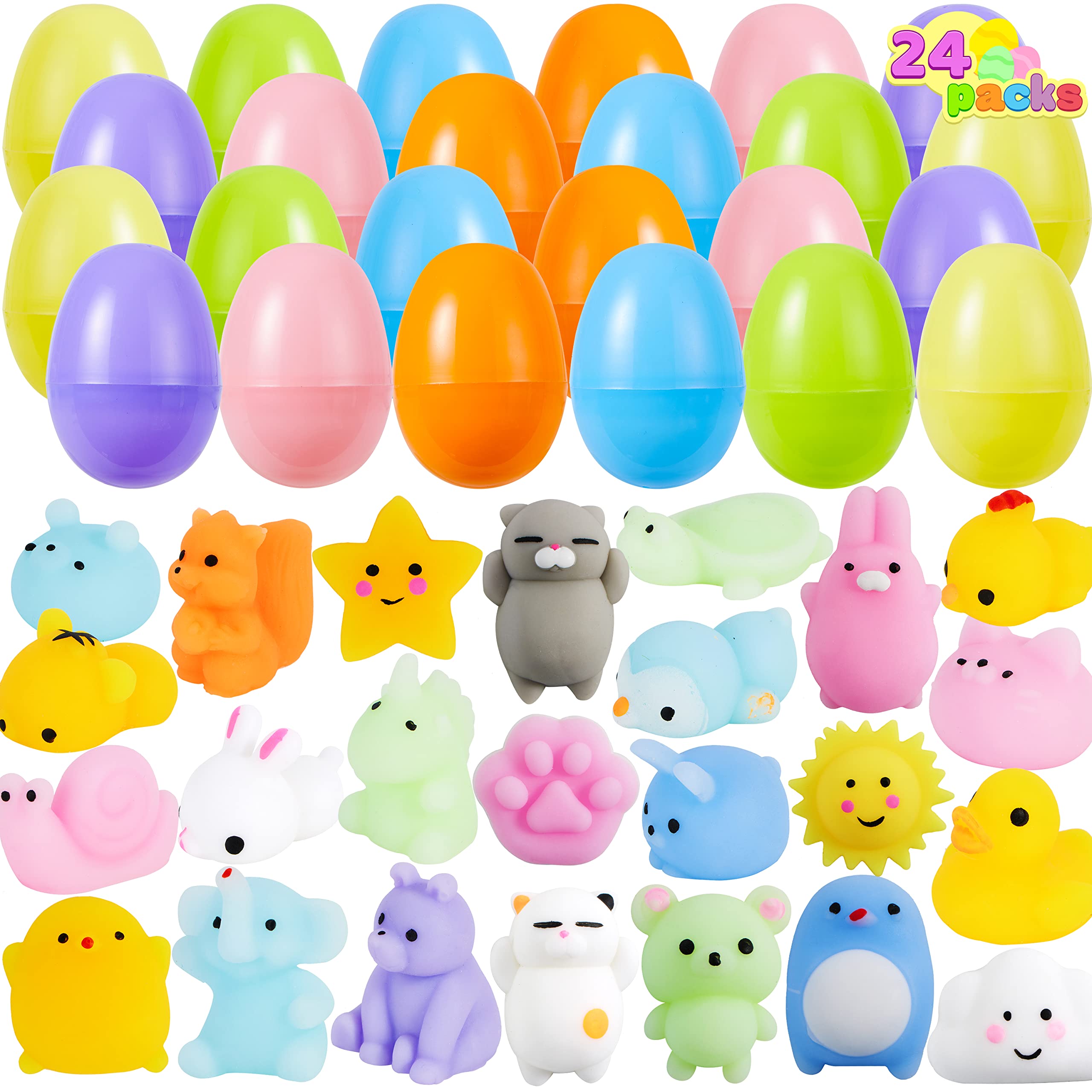 JOYIN 24 Pcs Easter Prefilled Eggs with Mochi Squishy Toys, Animal Stress Reliever Squishy Toy for Easter Theme Egg Hunt, Kids Party Favor, Basket Stuffers Filler, Classroom Prize Supplies