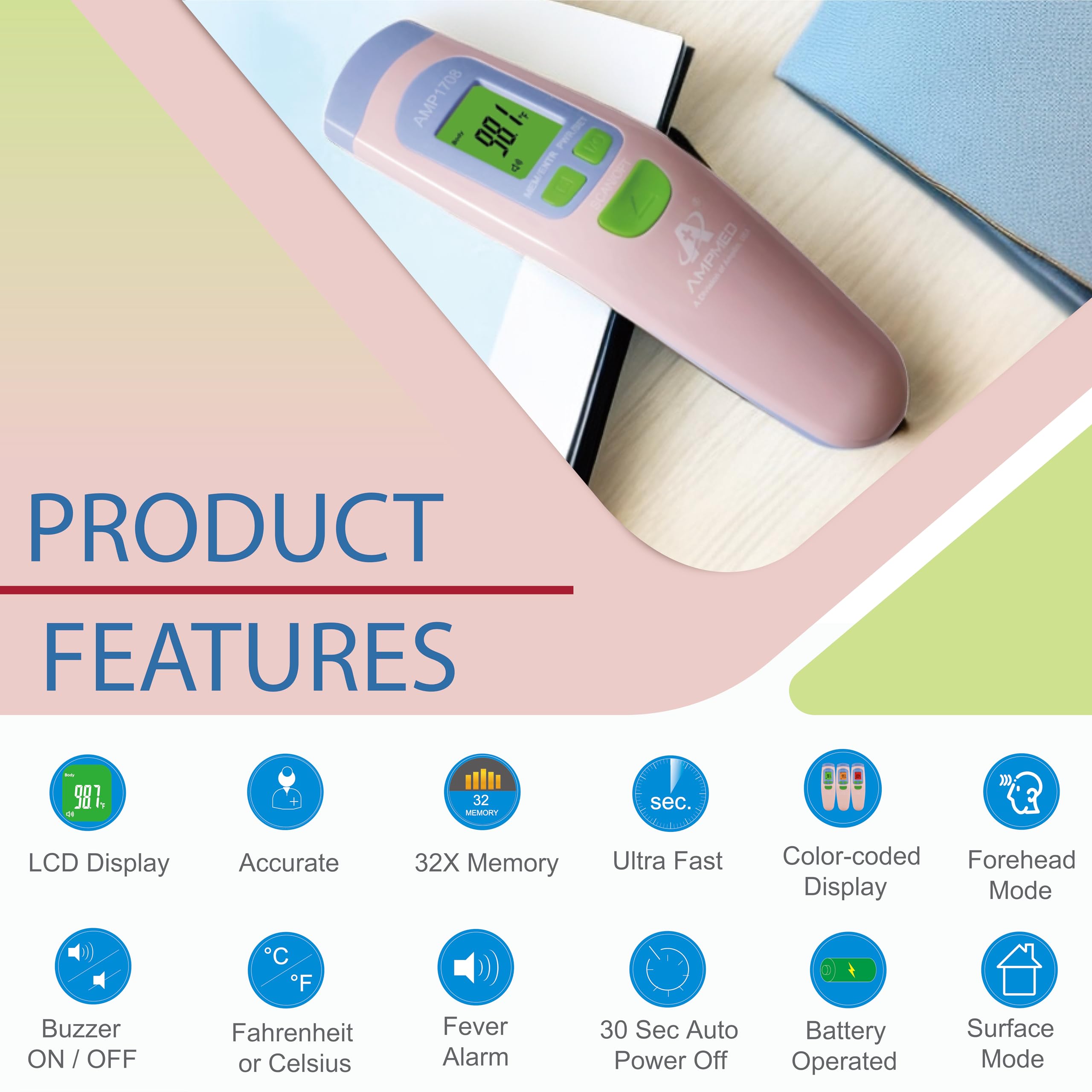 Amplim Ampmed Non Contact/No Touch Digital Forehead Thermometer for Adults, Kids, and Babies, Touchless Temporal Thermometer with Storage Case. FSA HSA Approved - Pink