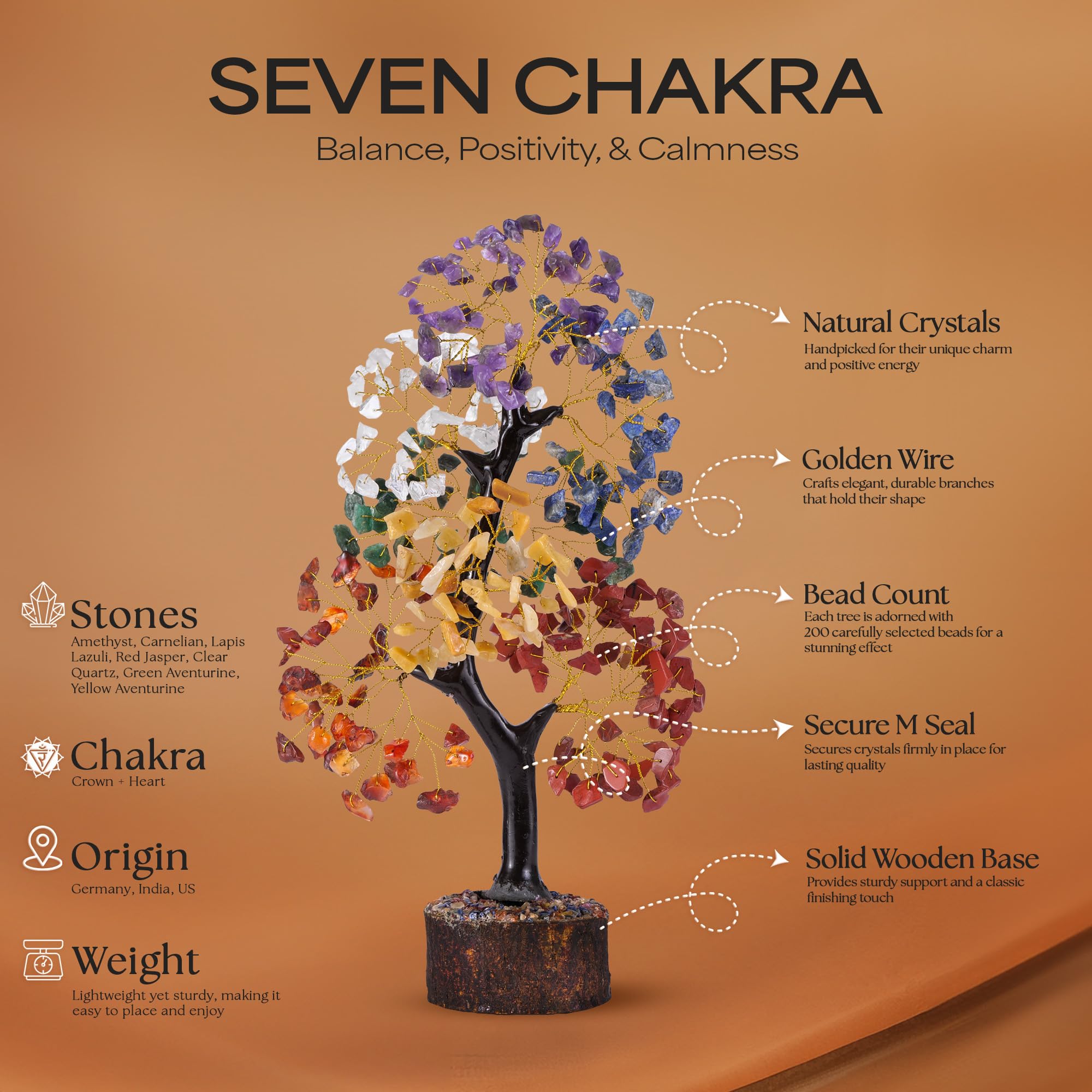 Chakra Tree of Life - Crystal Tree for Positive Energy - Seven Chakra Tree - 7 Chakra Healing Crystal Tree - Birthday Gifts for Women, Office Decor - Chakra Stones - Crystals and Healing Stones 10-12"