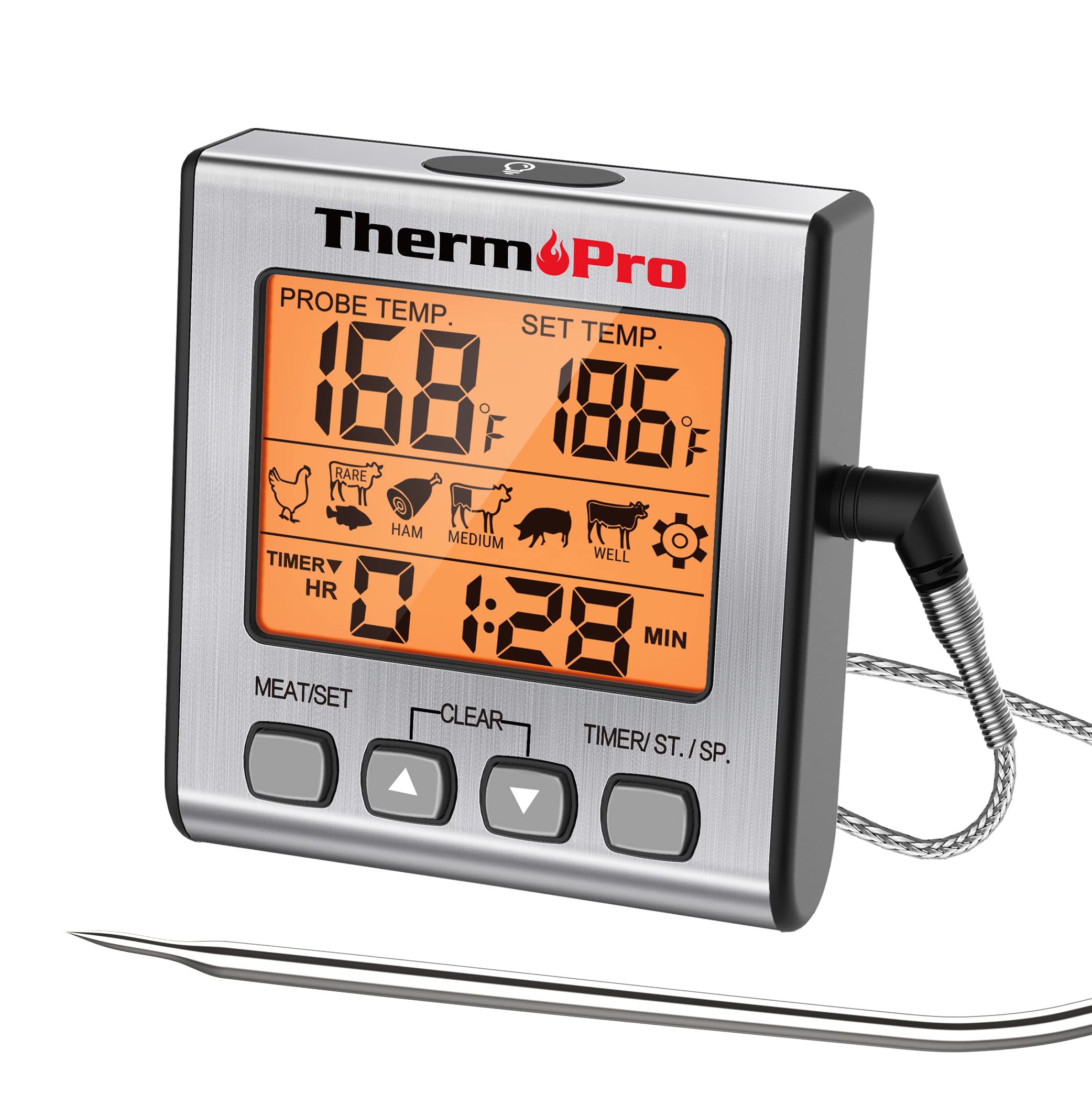 ThermoPro TP16S Digital Meat Thermometer Smoker Candy Food BBQ Cooking Thermometer for Grilling Oven Deep Fry with Smart Kitchen Timer Mode and Backlight