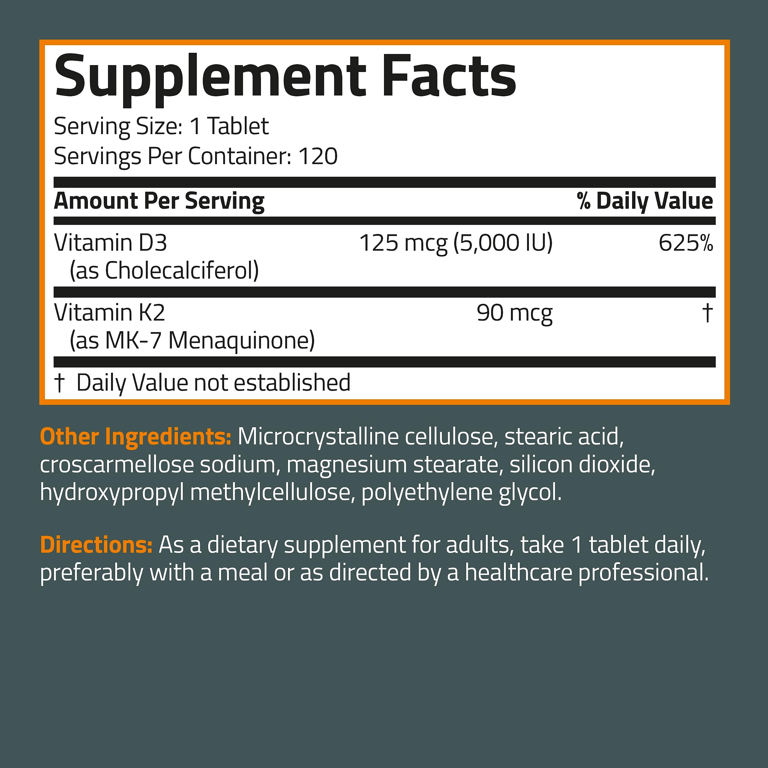 Bronson Basics Vitamin K2 D3 (MK7) Supplement Non-GMO Formula 5000IU (125 mcg) Vitamin D3 & 90 mcg Vitamin K2 MK-7 Easy to Swallow Vitamin D & K Complex, 120 Tablets