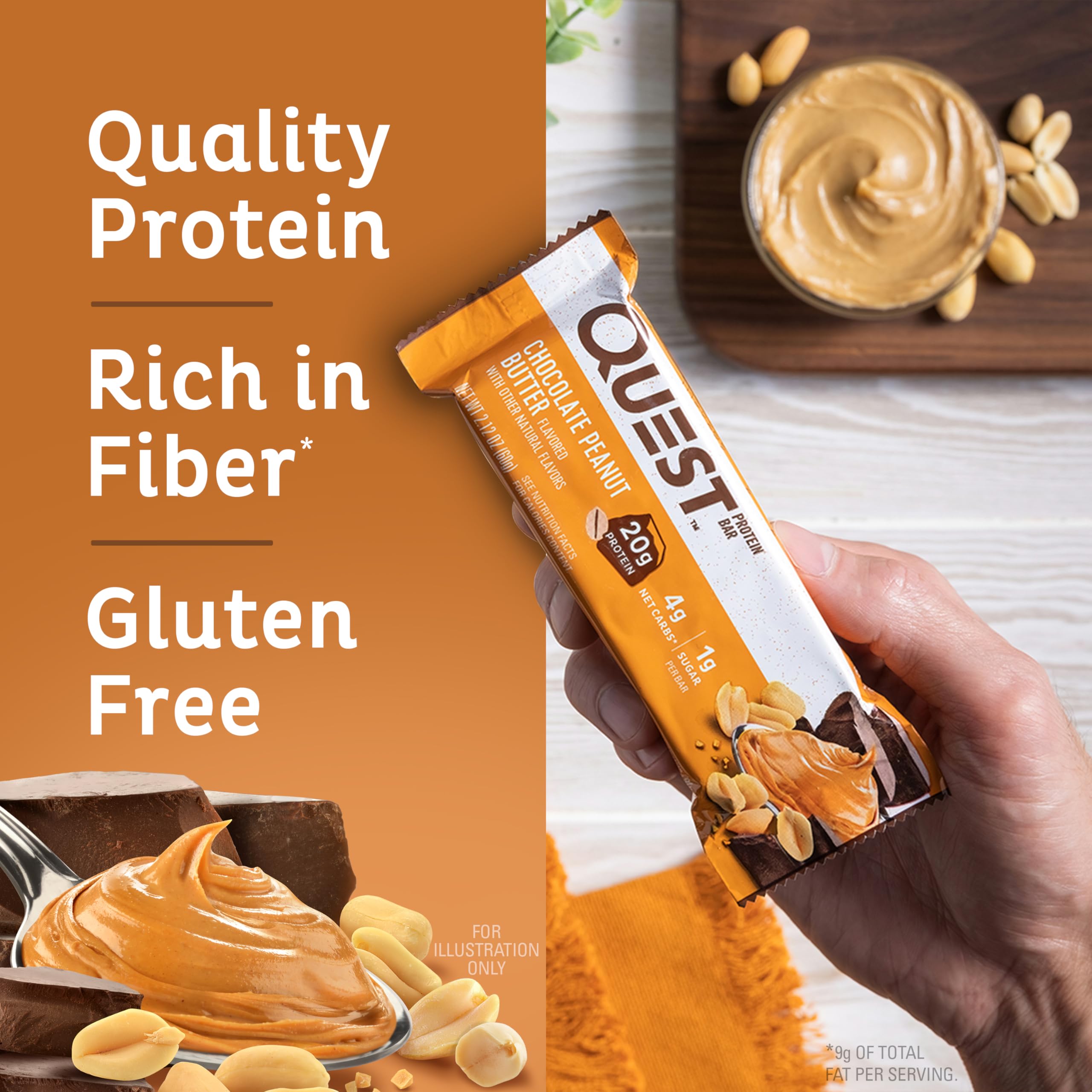 Quest Nutrition Chocolate Peanut Butter Bars, 20g Protein, 1g Sugar, 5g Net Carb, Gluten Free, Keto Friendly, 12 Count