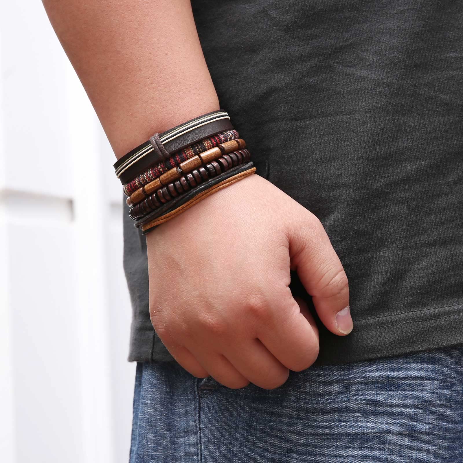 HZMAN 2Pcs Handmade Braided Leather Bracelet for Men Women Bohemian Ethnic Tribal Multilayer Hemp Rope Wristbands Wrap Cuff Bracelet Jewelry Gift