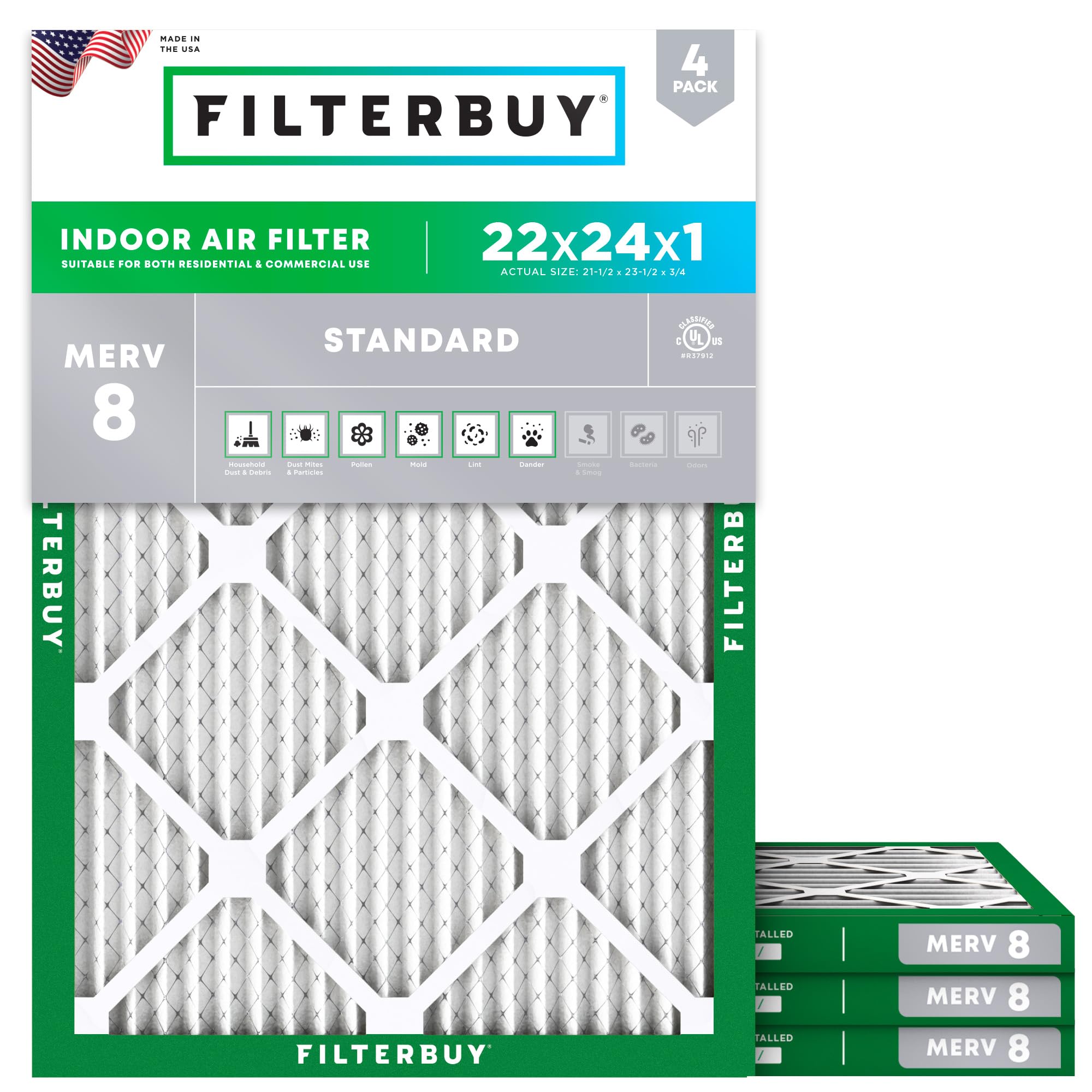 Filterbuy 22x24x1 Air Filter MERV 8 Dust Defense (4-Pack), Pleated HVAC AC Furnace Air Filters Replacement (Actual Size: 21.50 x 23.50 x 0.75 Inches)