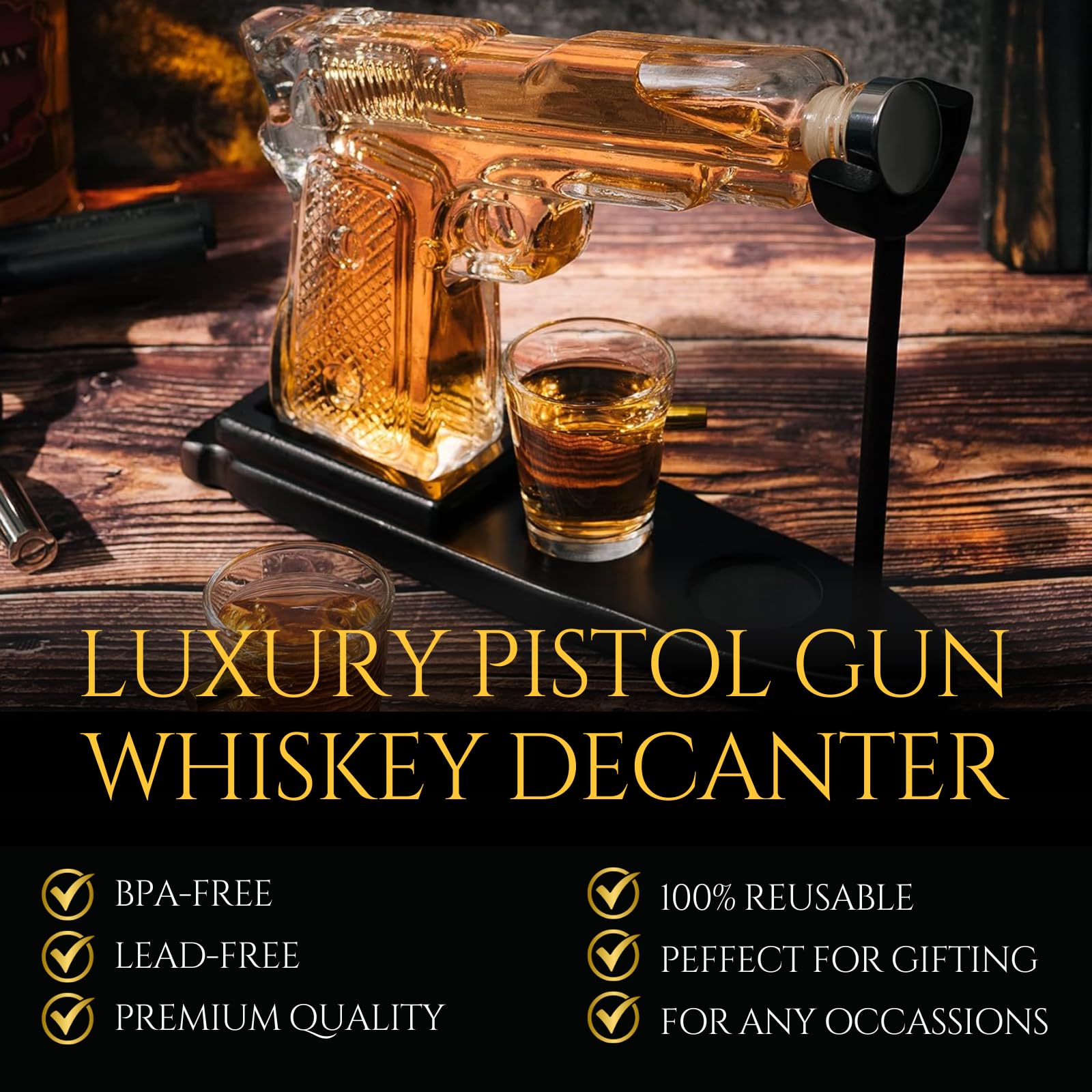 Gifts for Men Dad, Father Whiskey Decanter Set - 9 Oz with Two 2 Oz Glasses, Pistol Gun Cool Anniversary Birthday, Home Bar Gifts, Drinking Military Present Dispenser, Him Husband, Dispenser Bar Gift