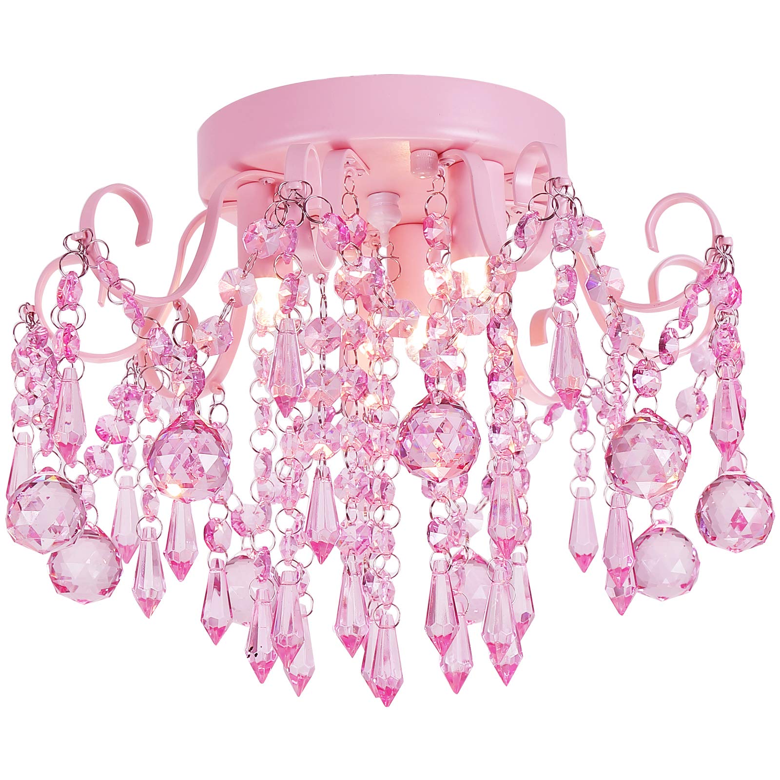 Q&S Mini Chandelier Crystal,Semi Flush Mount Pink Girl Chandelier, Small Crystal Ceiling Light Fixture Bedroom Bathroom Closet Nursery 3 Lights