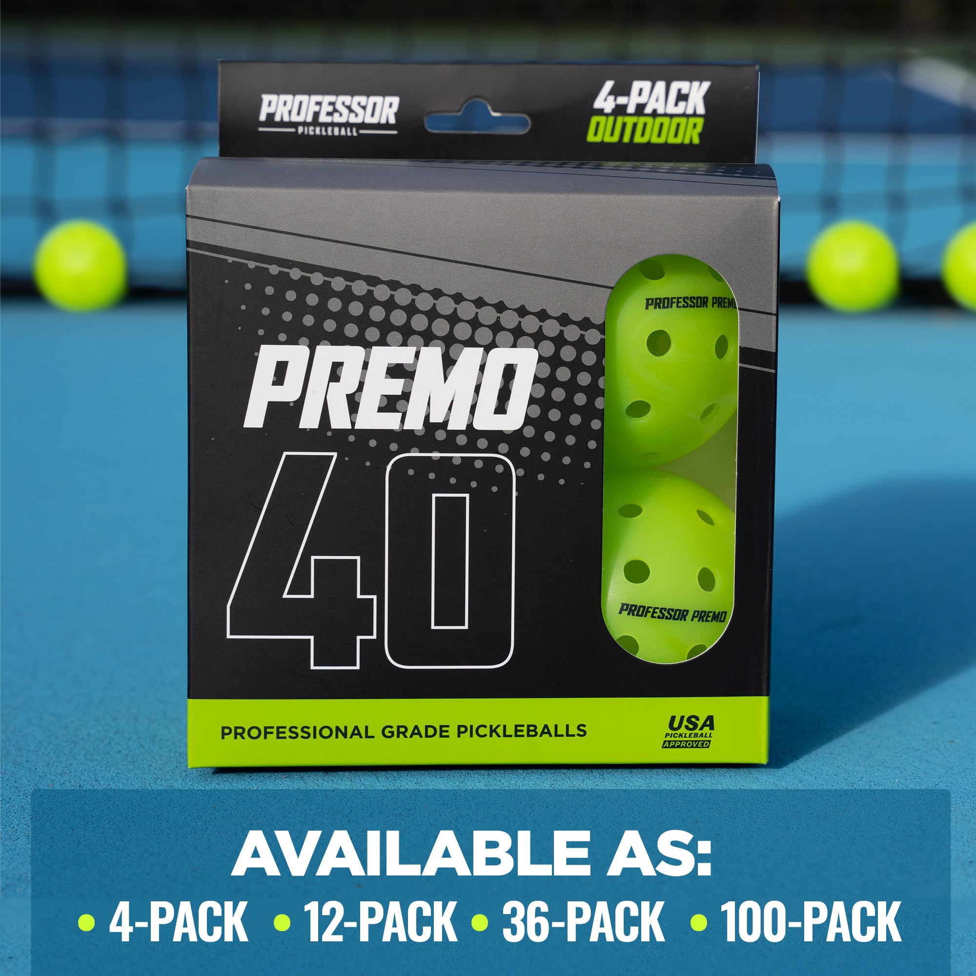 Professor Pickleball PREMO40 Outdoor Pickleball Balls - Tournament Grade Premium Pickleball - 4 Pack of Balls, 12 Pack, 36 Pack, 100 Pack - USAPA Approved PickleBall Balls