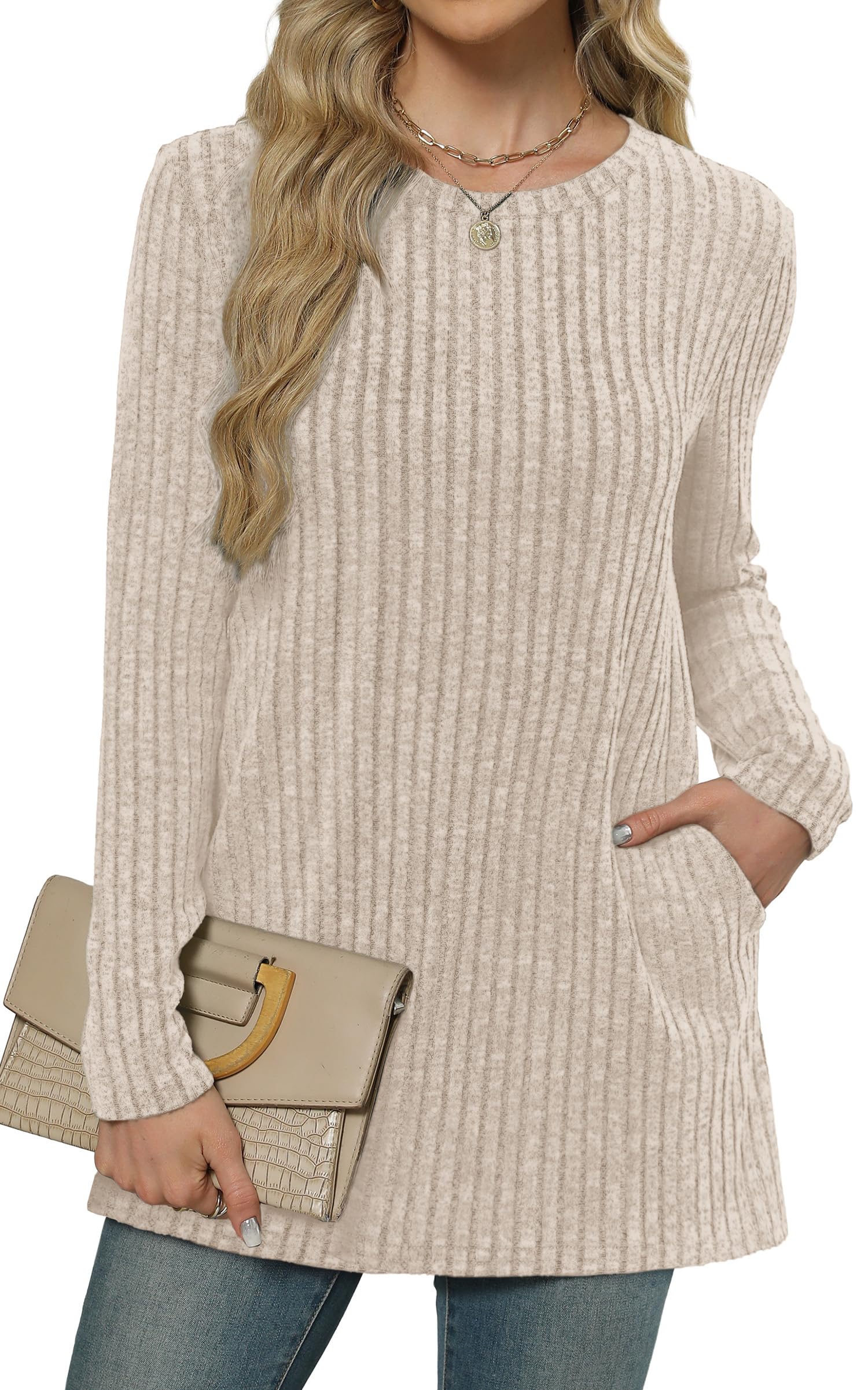 XIEERDUO Tunic Tops for Women Loose Fit Dressy Fall Sweaters Long Sleeve Winter Clothing Quiet Luxury Clothes Crewneck Women Blouses with Pockets Apricot XL