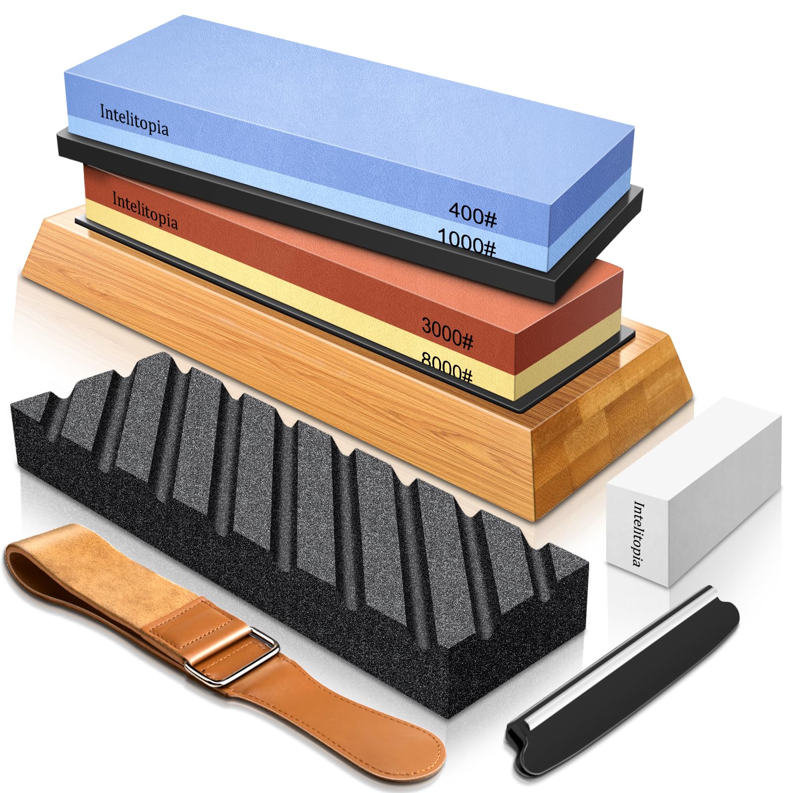 Intelitopia Complete Knife Sharpening Stone Set – Dual Grit Whetstone 400/1000 3000/8000 Knife Sharpener with Leather Strop, Flattening Stone, Bamboo Base, 3 Non-slip Rubber Bases & Angle Guide