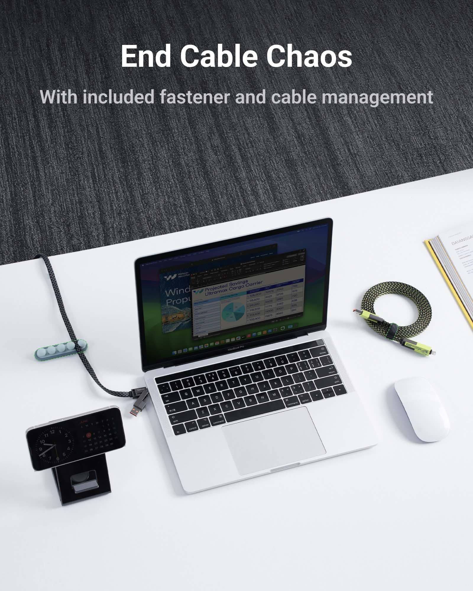 XCOOL USB C Cable, 4-in-1 USB-C Cable (6ft), 100W USB-C Charger Cable with Hook-and-Loop Fastener and Cable Management, USB-C Cable/Fast Charging for MacBook, iPad, iPhone, Samsung, Gray