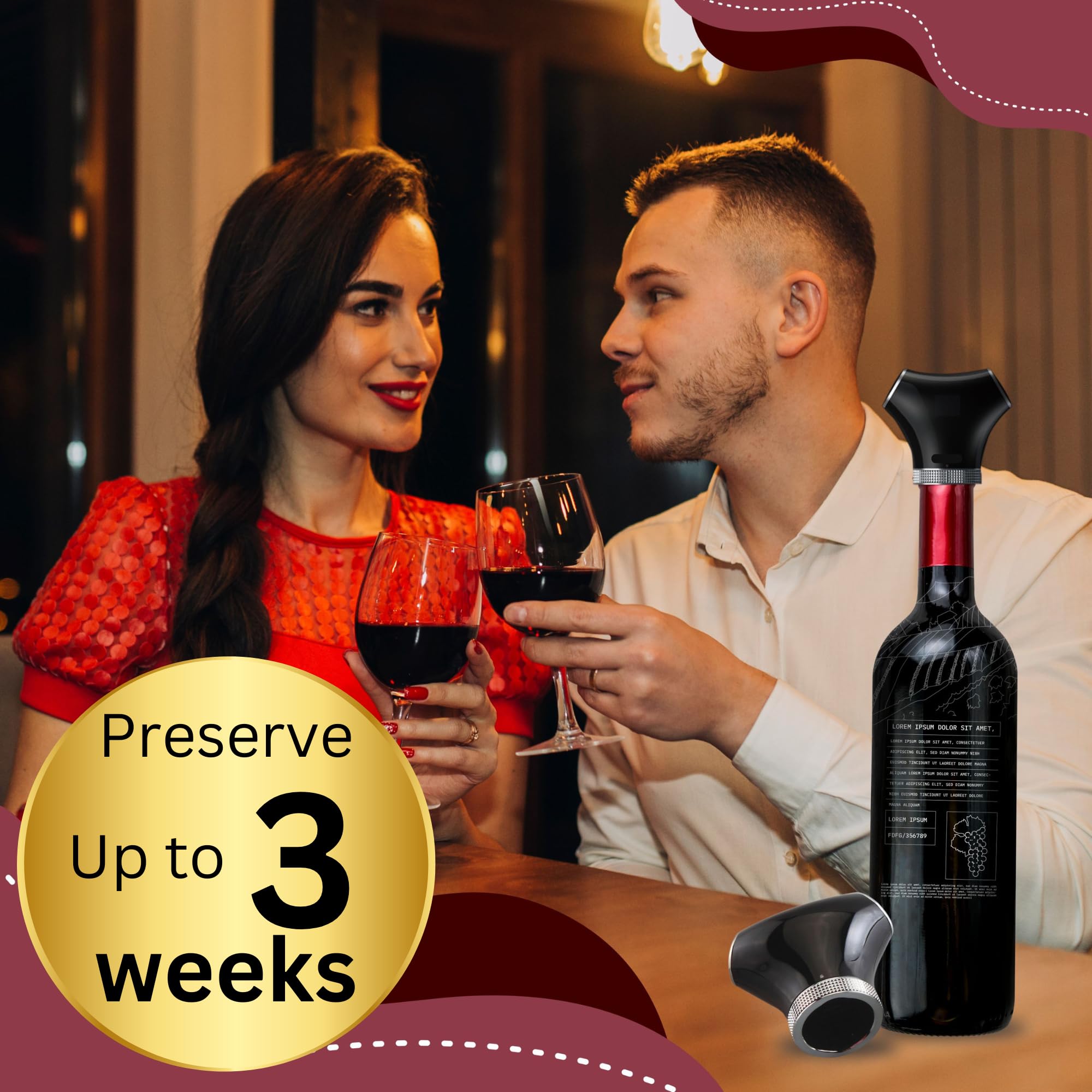 Smart Rechargeable Wine Bottle Stopper and Preserver with 2 Plugs, Keep Wine Fresh up to 3 weeks, Automatic Vacuum Pump with Food-Grade Silicone, Wine Preserver Stopper, Ideal Gift for Wine Lovers