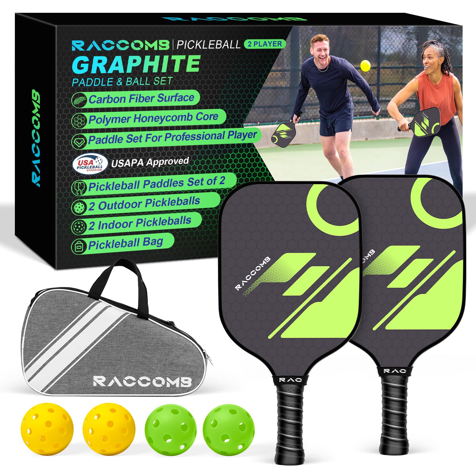 Carbon Fiber Pickleball Paddles - Graphite Pickleball Paddles Set of 2, Polymer Honeycomb Core, 4 Pickleballs, Anti-Slip Sweat-Absorbing Grip, Professioner Paddle Ball Set for Pickleball Players