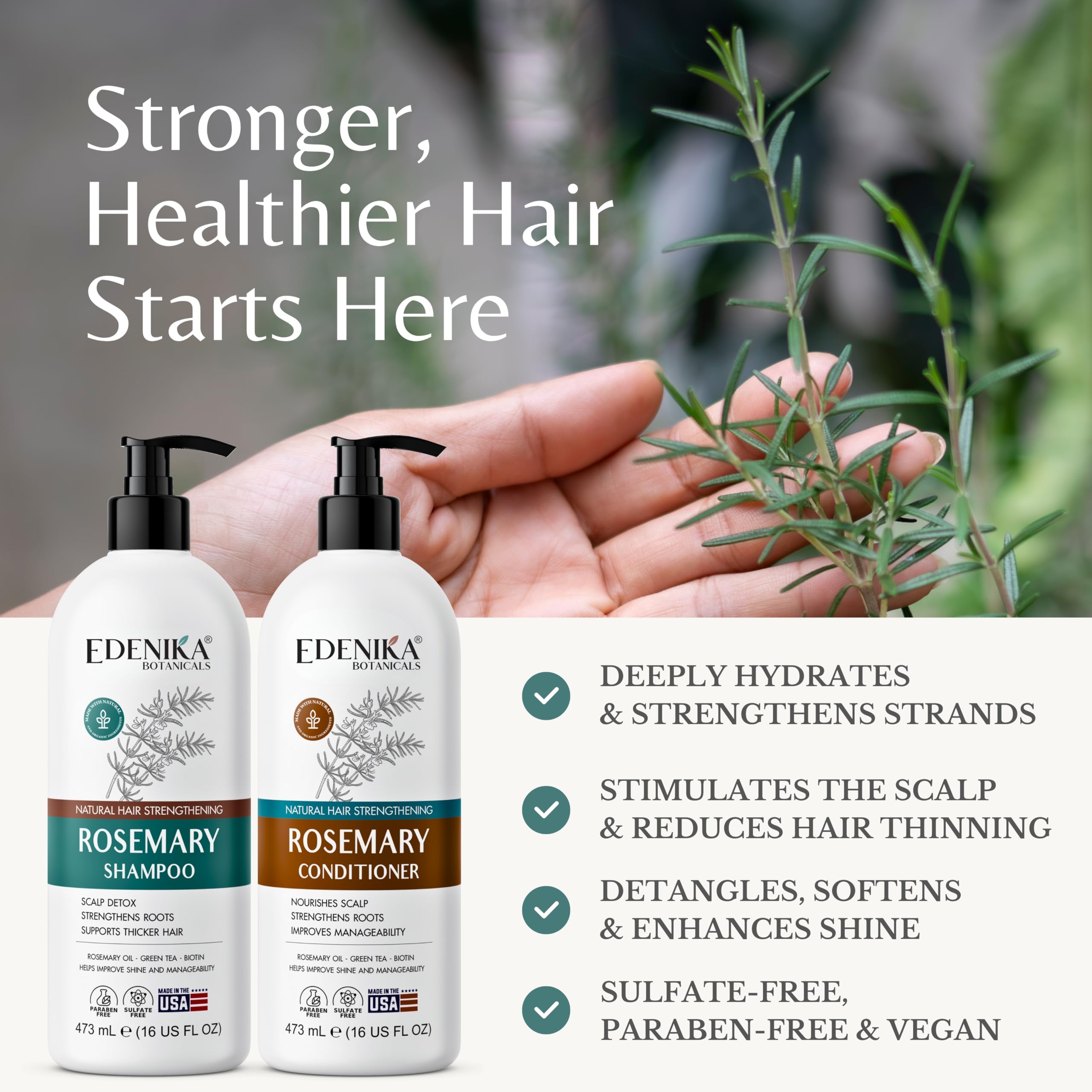 Edenika Botanicals Rosemary Oil Shampoo & Conditioner Set with Biotin & Spirulina for Thinning Hair, Anti-Hair Loss & Strengthening Botanical Formula, Women & Men, Sulfate-Free