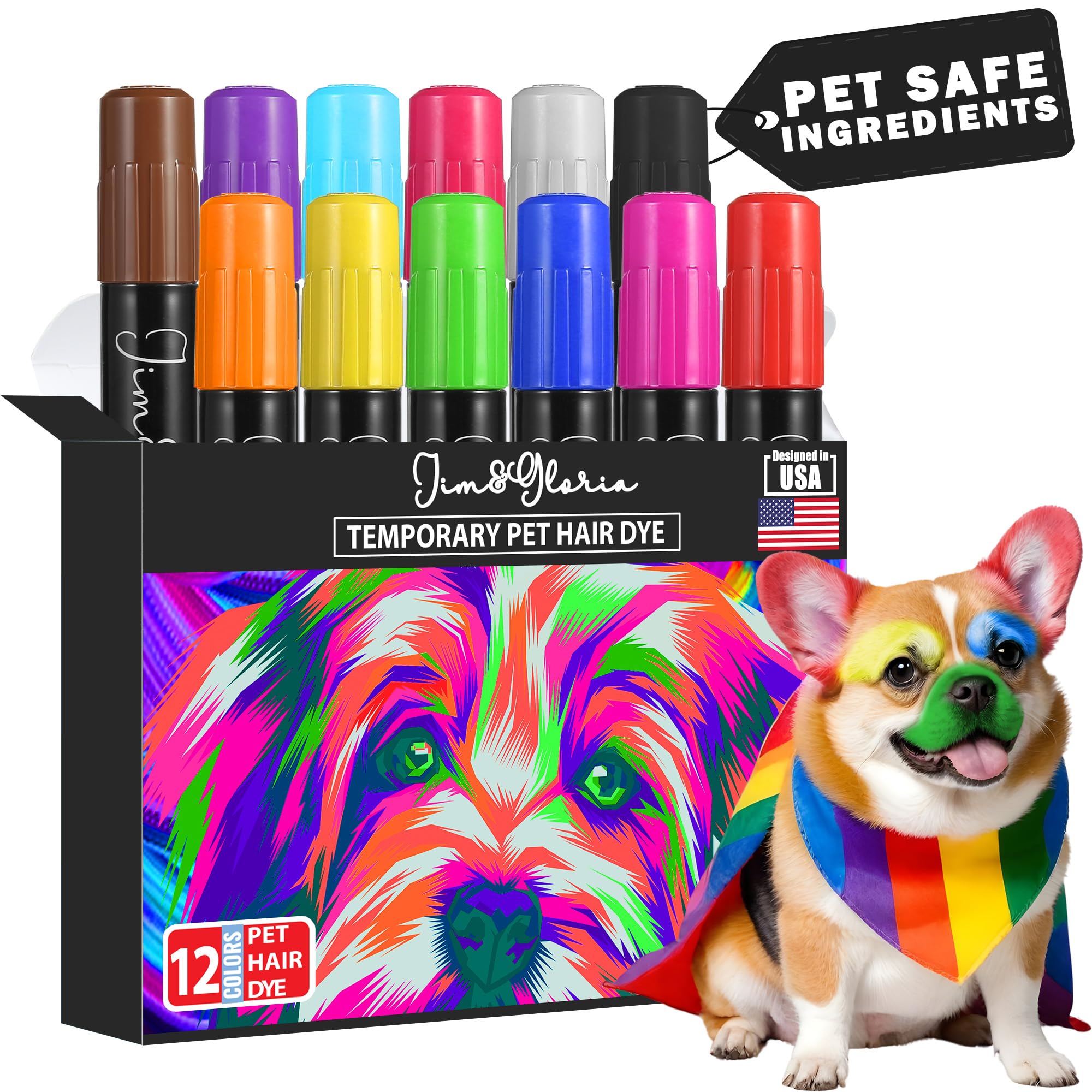 Jim&Gloria Washable Dog Hair Dye Markers, Pet Safe Grooming Kit, Temporary Fur Paint Animal Pens for Small to Large Boy and Girl Puppy Stuff Accessories, Birthday Gifts to Cat Lovers - Set of 12 Color
